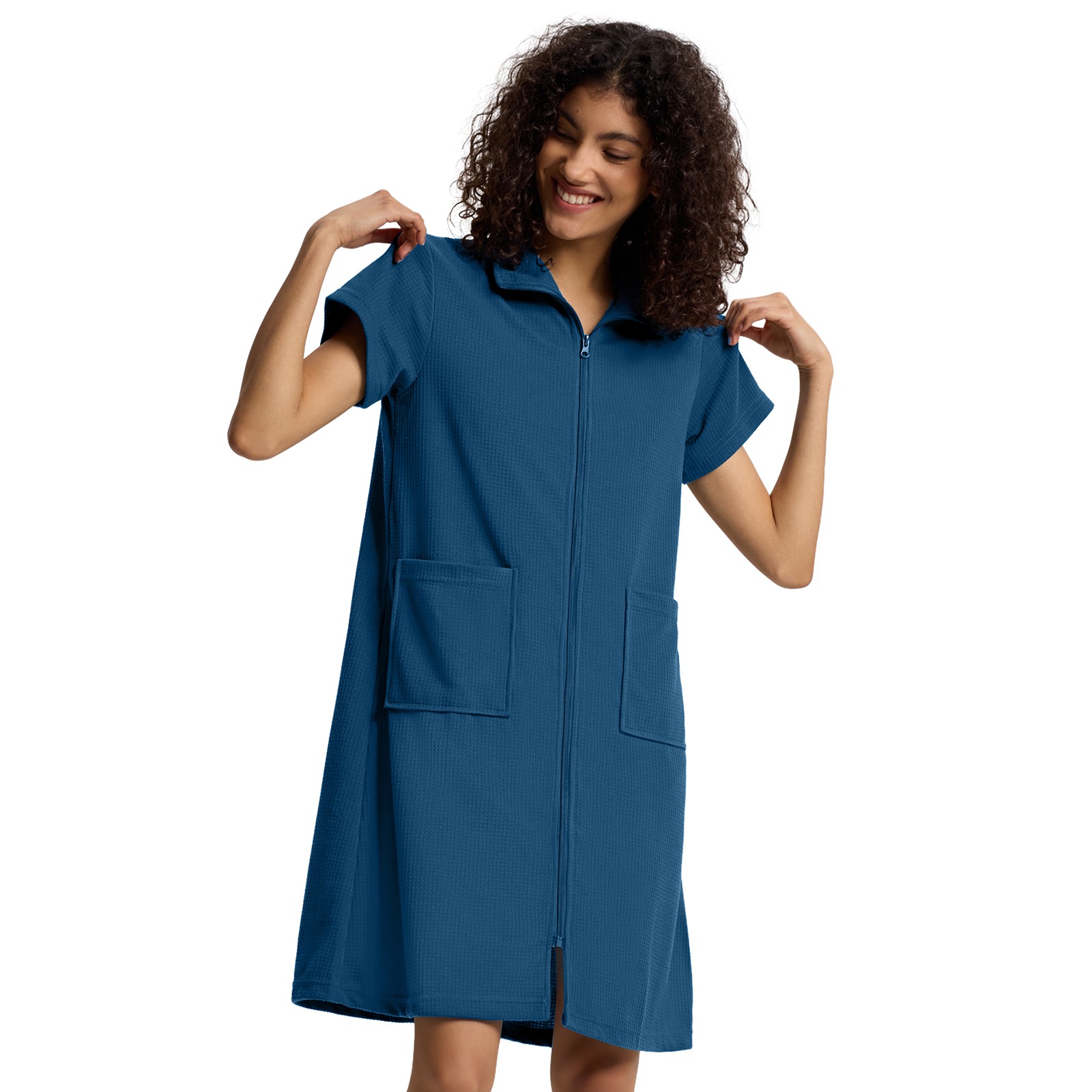 SIORO Women Zip-Front Robes Short Sleeve Bathrobes Waffle House Coat Loungewear
