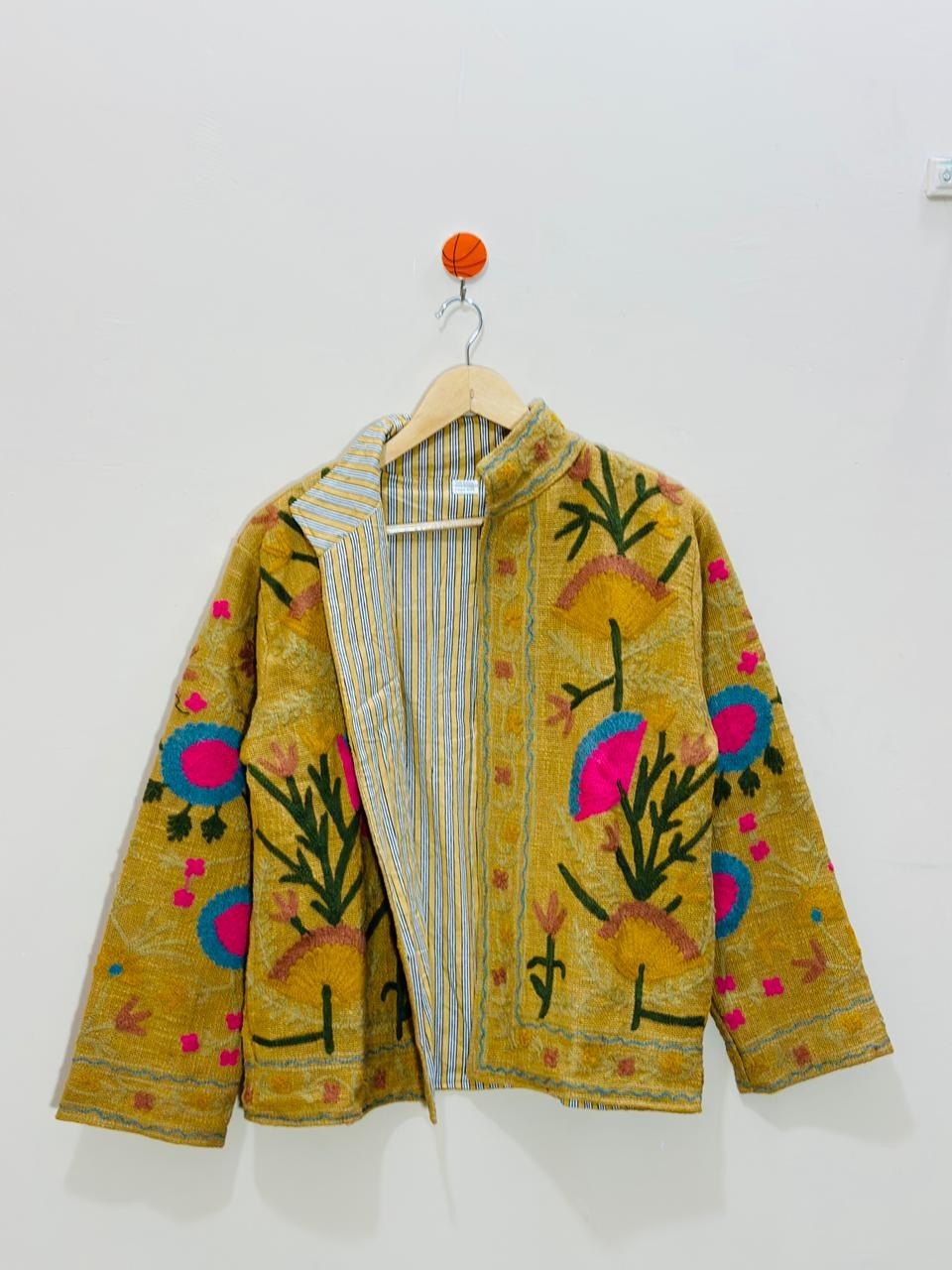 Yellow Floral Cotton Suzani Jacket Handmade Embroidered Festival Coat & Jackets