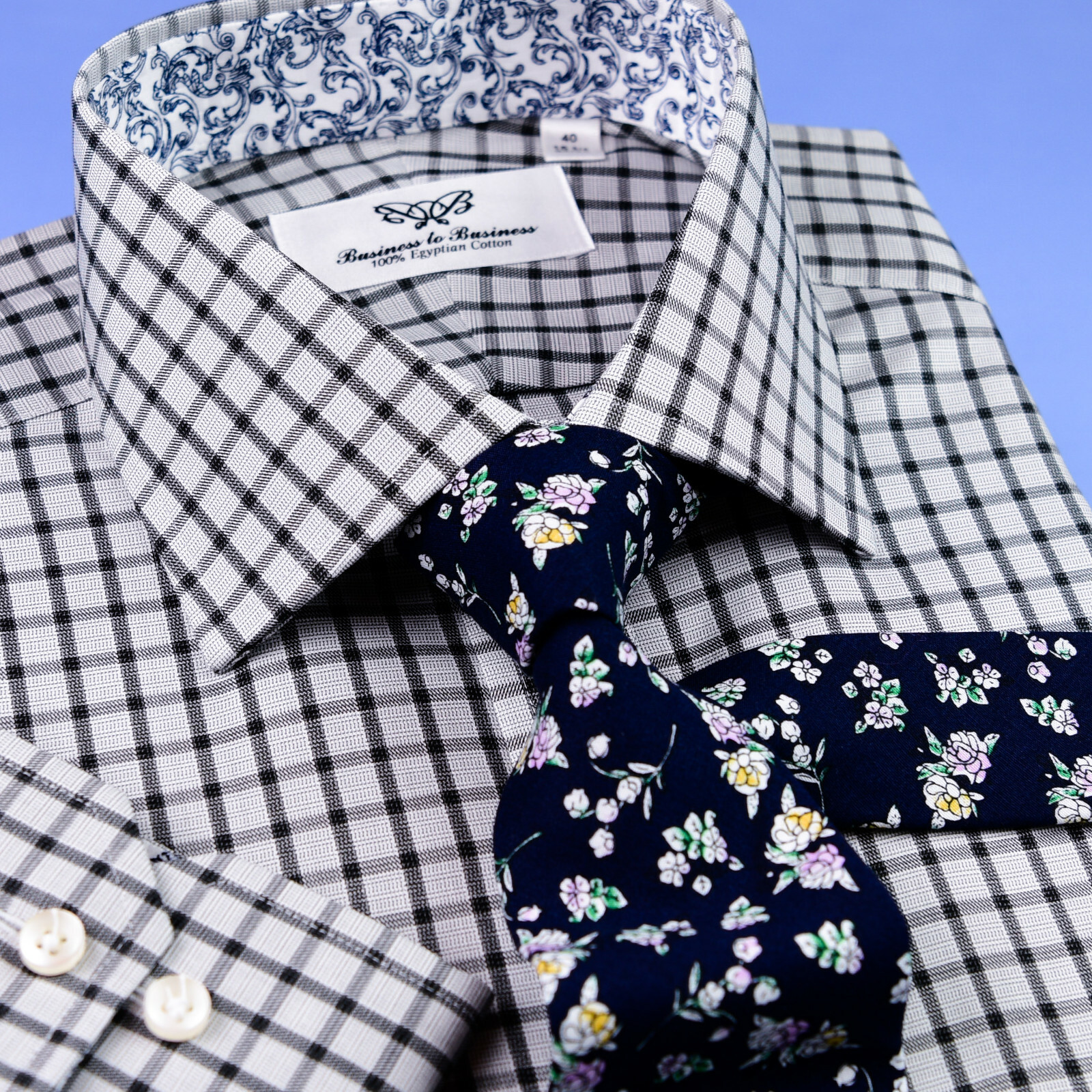 Grey Black Check Dress Shirt Formal Business Floral Paisley Barrel Button Cuff