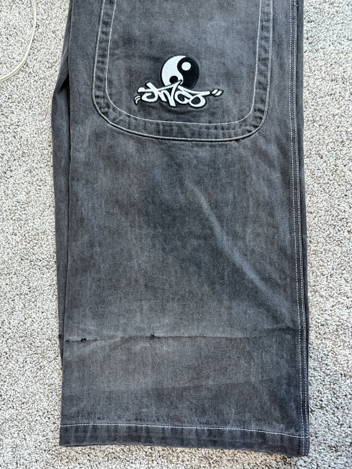 JNCO Men’s Gray Wide-Leg Denim Jeans Relaxed Fit Mid Rise Logo 5-Pocket