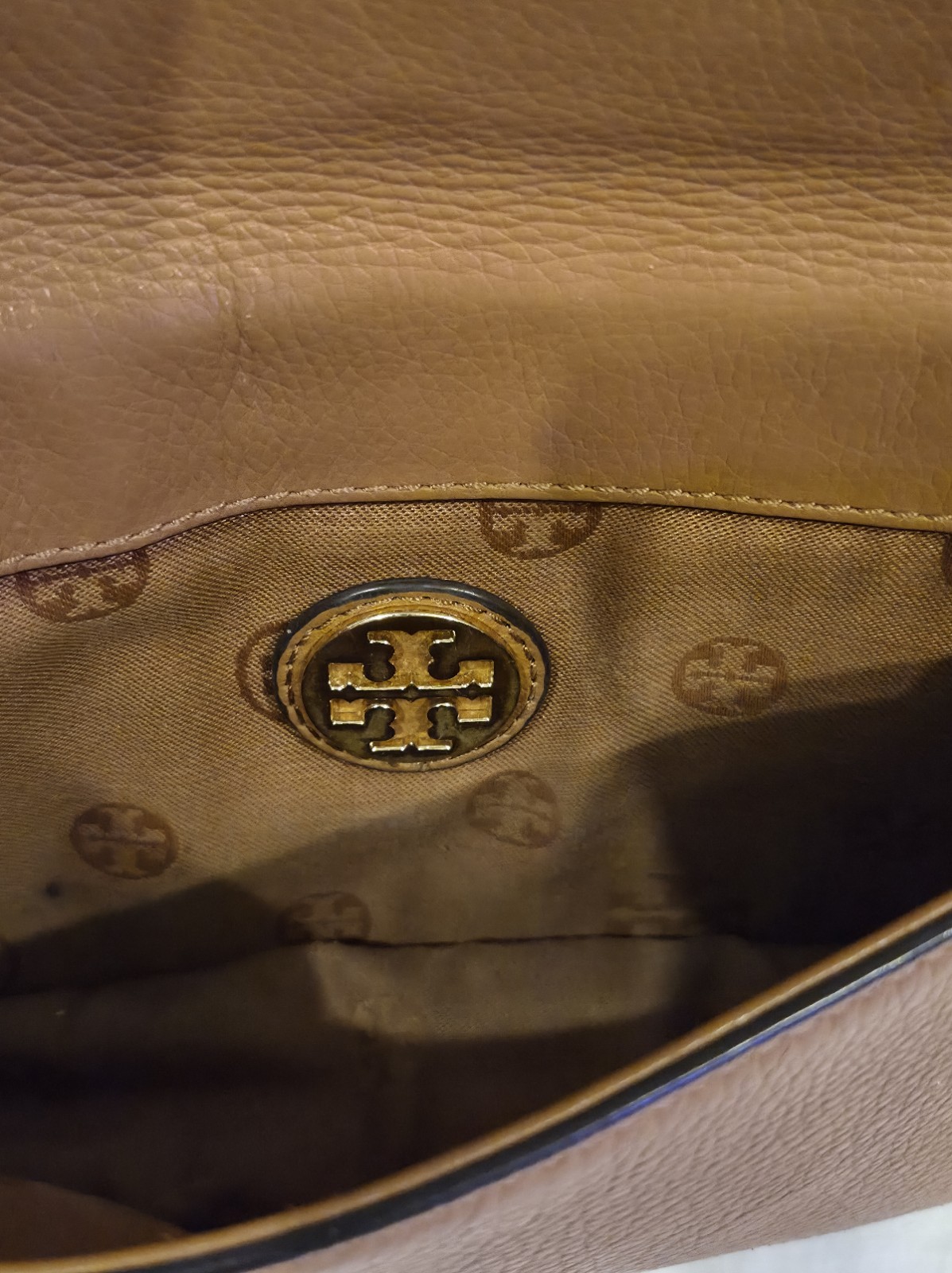Tory Burch Brown Pebbled Crossbody Bag with Logo, Magnetic Closure, Gold