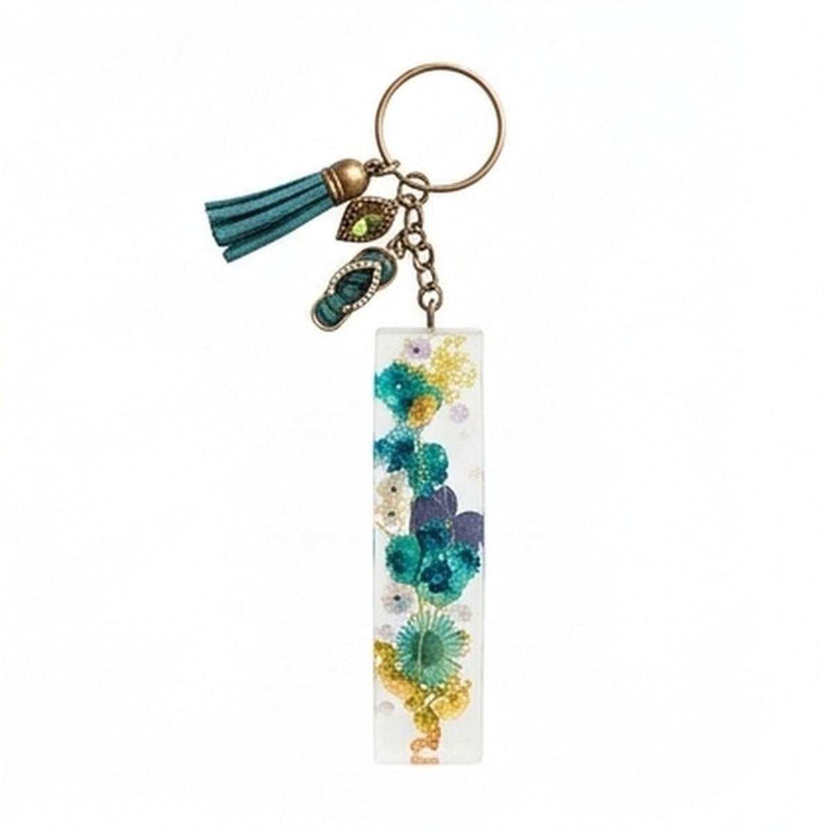 Handmade Floral Resin Keychain with Tassel and Charms