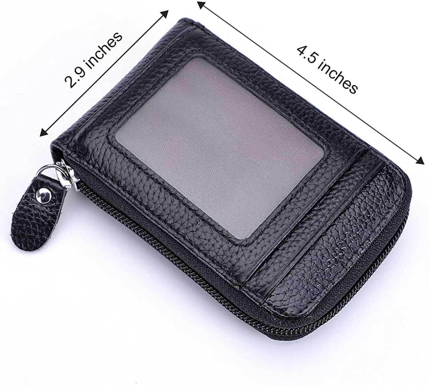 Leather Credit Card Holder RFID-Blocking Zipper Pocket Wallet with ID Window