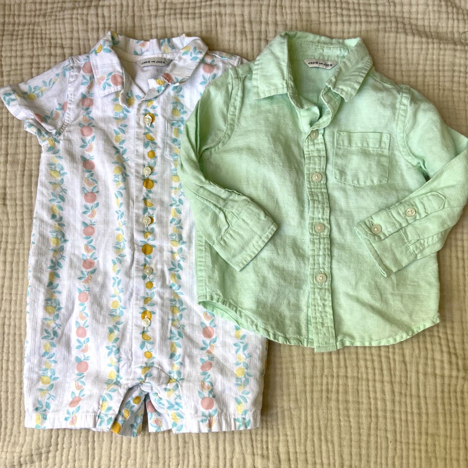 Janie and Jack Bundle Linen Cotton Romper Button Shirt 6-12 Months Preppy Spring