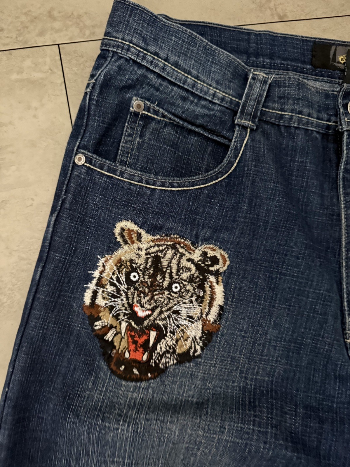 EXA Unlimited Men’s Hip Hop Skater Baggy Embroidered Y2K Denim Jeans 36×34