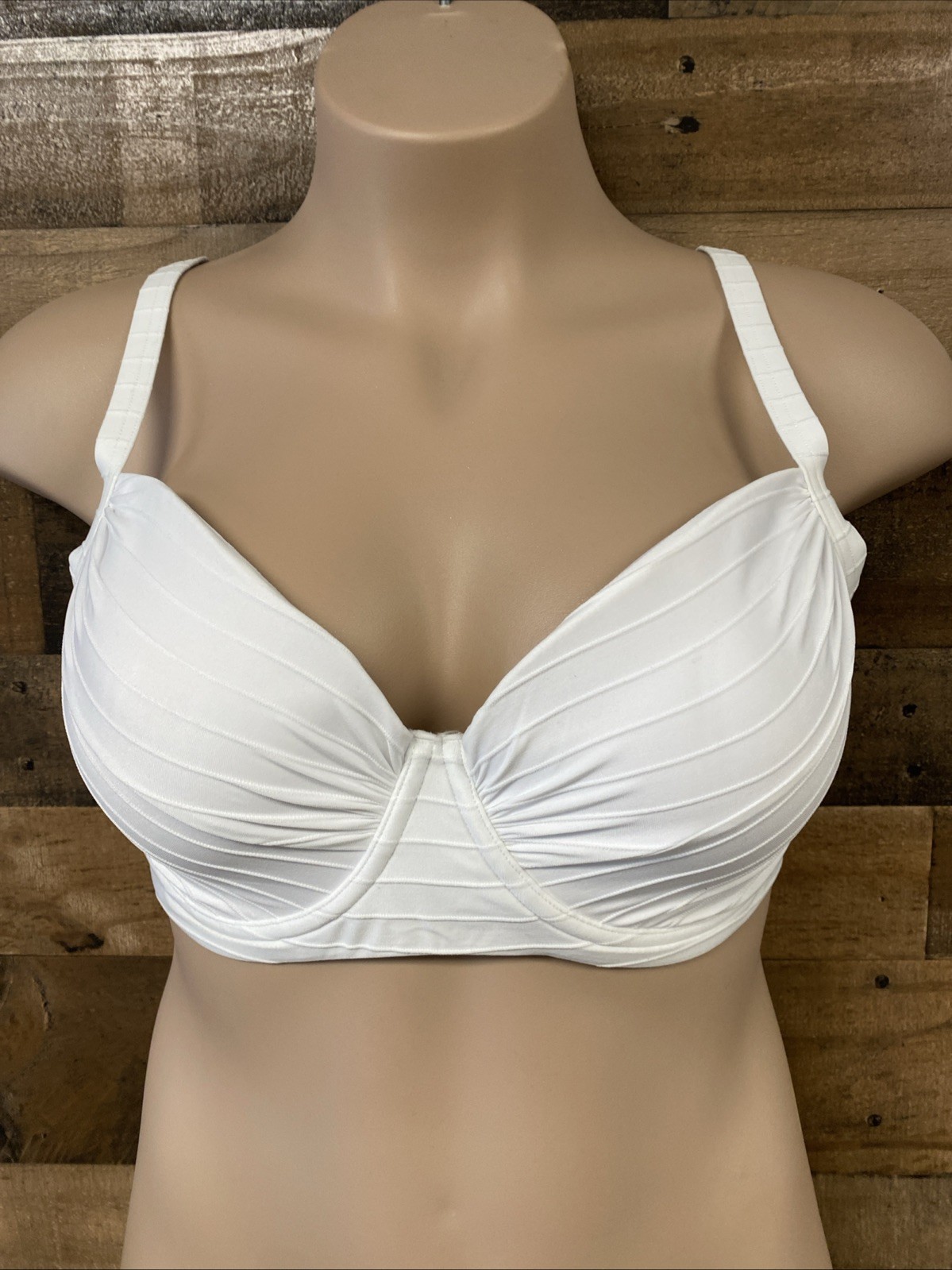 Lands End White Ribbed Retro Underwire Bikini Top Swimwear Size 14 New