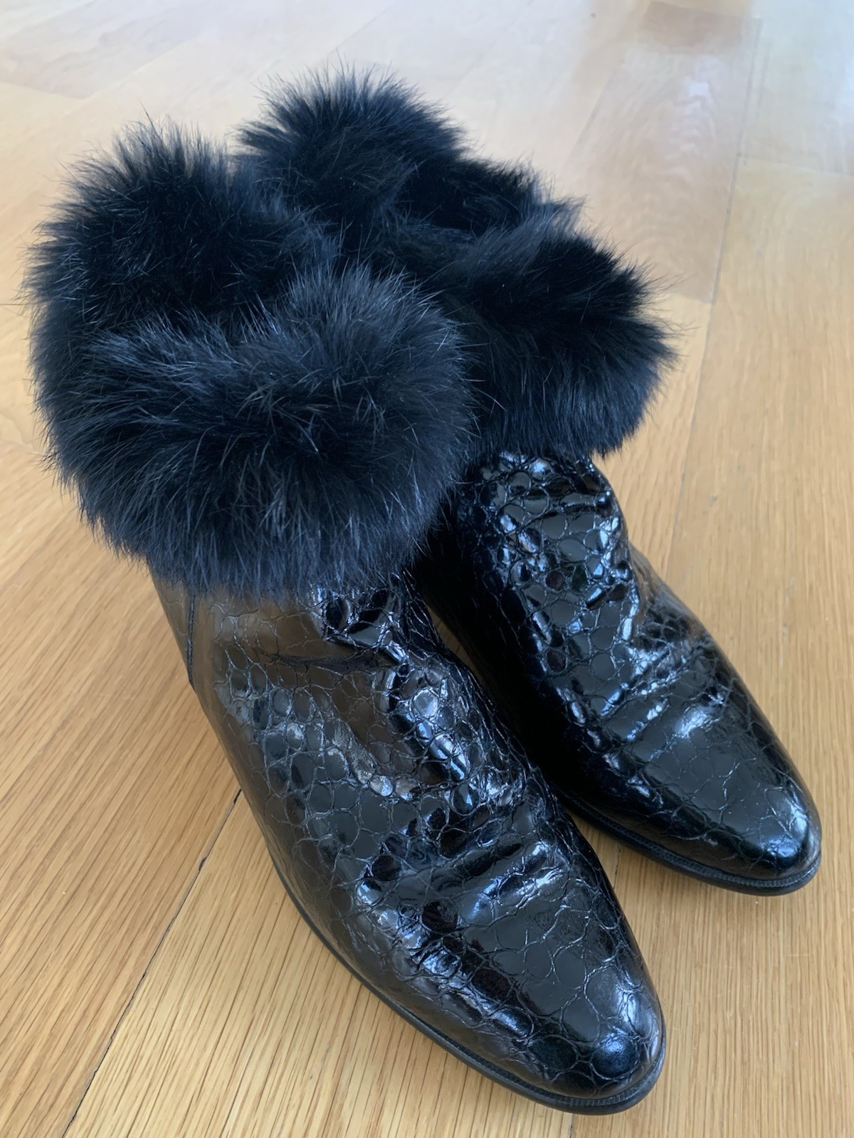 THERESIA Germany Black Patent Croc Ankle Boots Fur Trim Women’s 7.5 8 Vintage