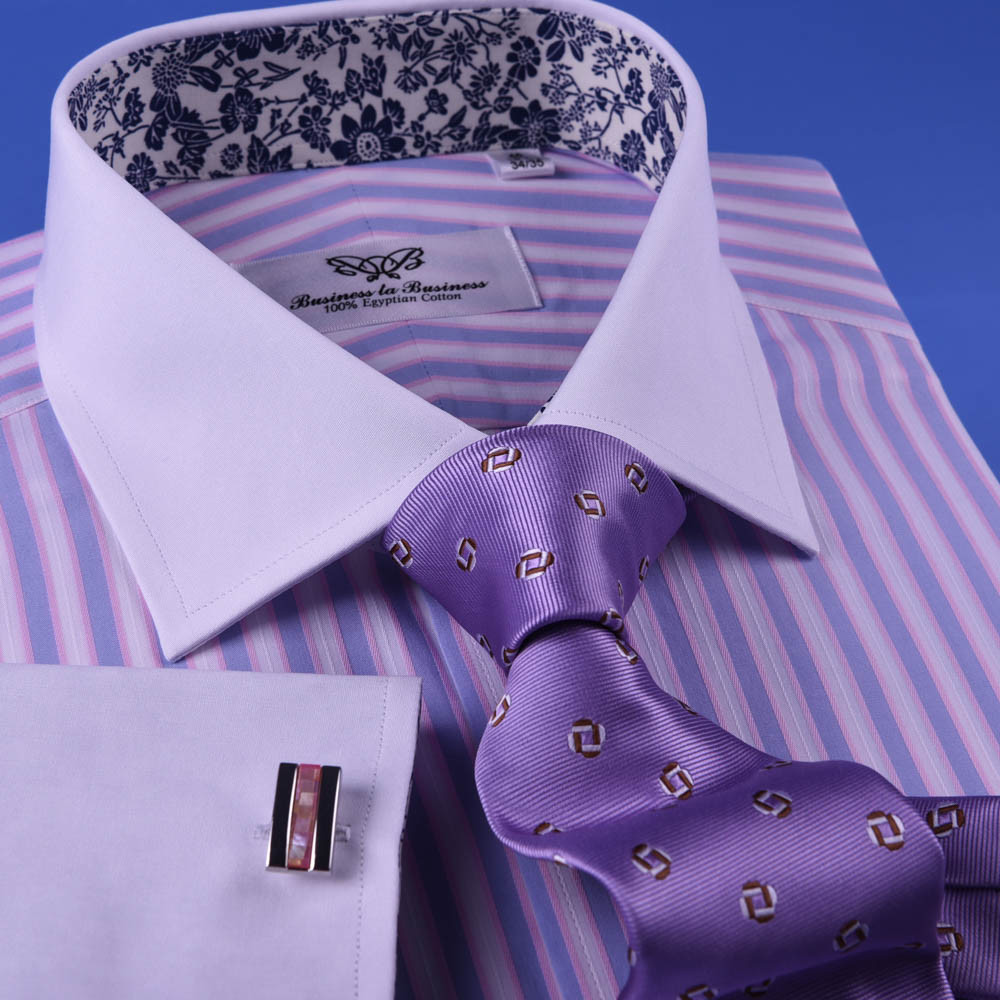 Pastel Multi-Colored Striped Dress Shirt White Poplin Contrast Cuff Business Top