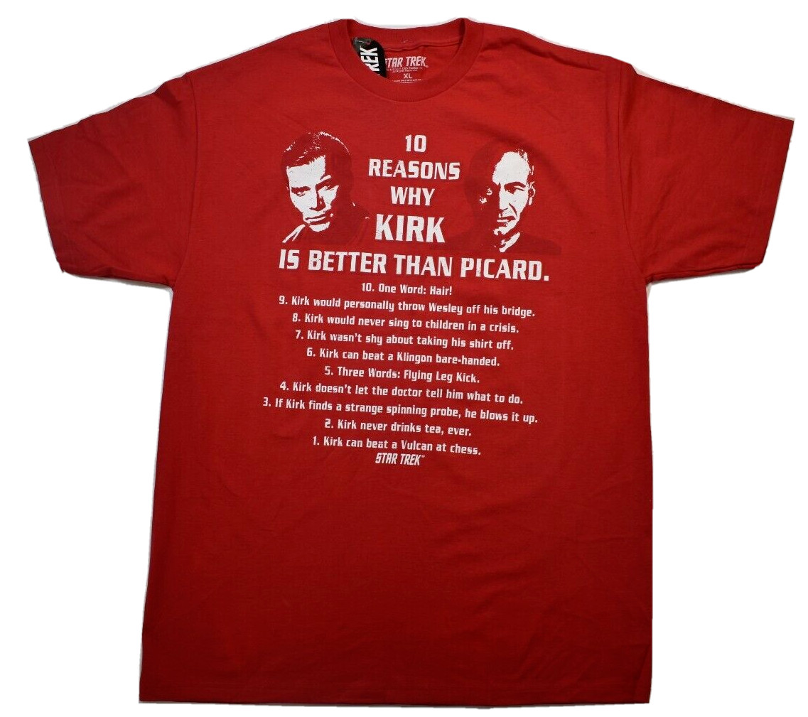Star Trek Mens 10 Reasons Why Kirk is Better Than Picard Funny Shirt NWT XL, 2XL