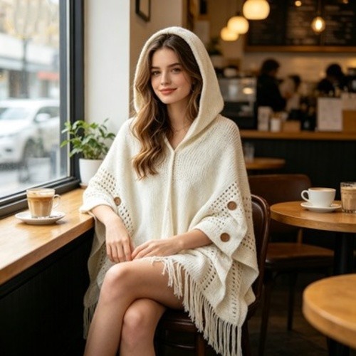 Women Hooded Cape Shawl Asymmetric Hem Fringe Batwing Sleeve Button Casual Wrap
