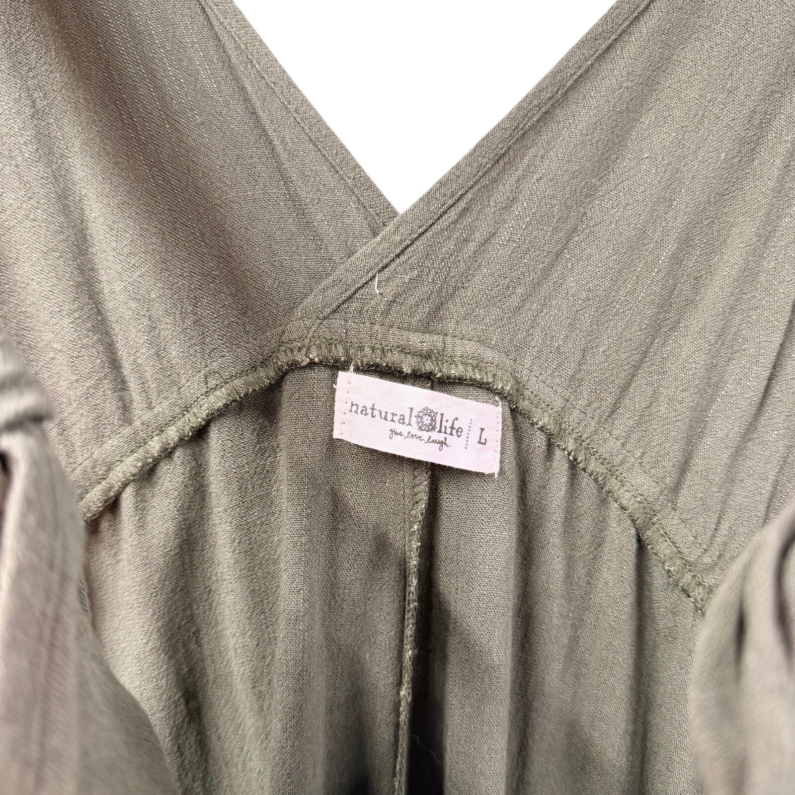 Natural Life Carly Jumpsuit Green Large Frayed Wide Leg Hem Linen Blend