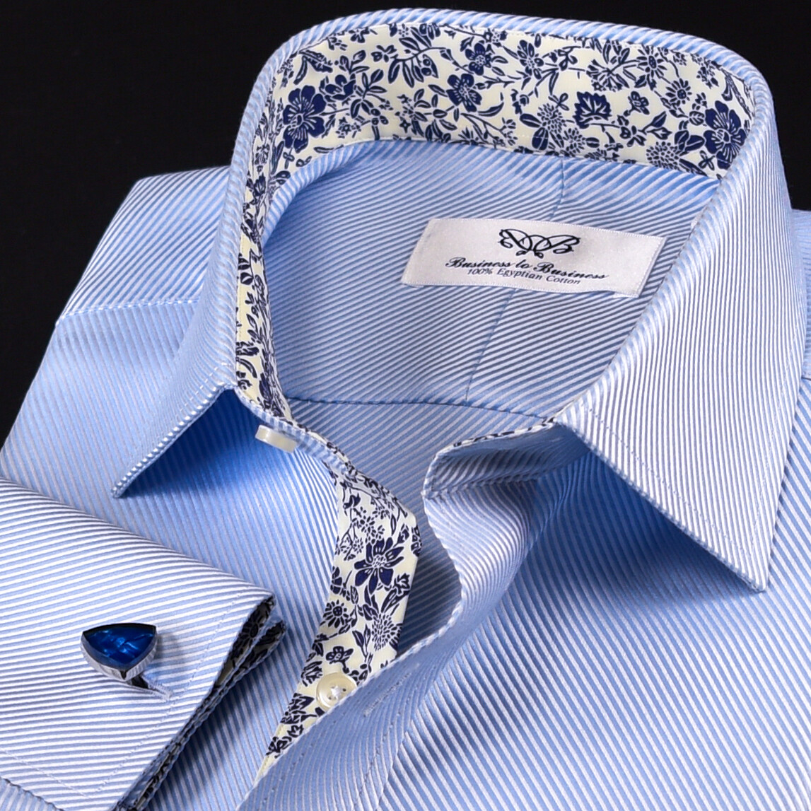 Elegant Blue Twill Double Ply 80’s Fine Wevon Formal Business Shirts Floral Inne