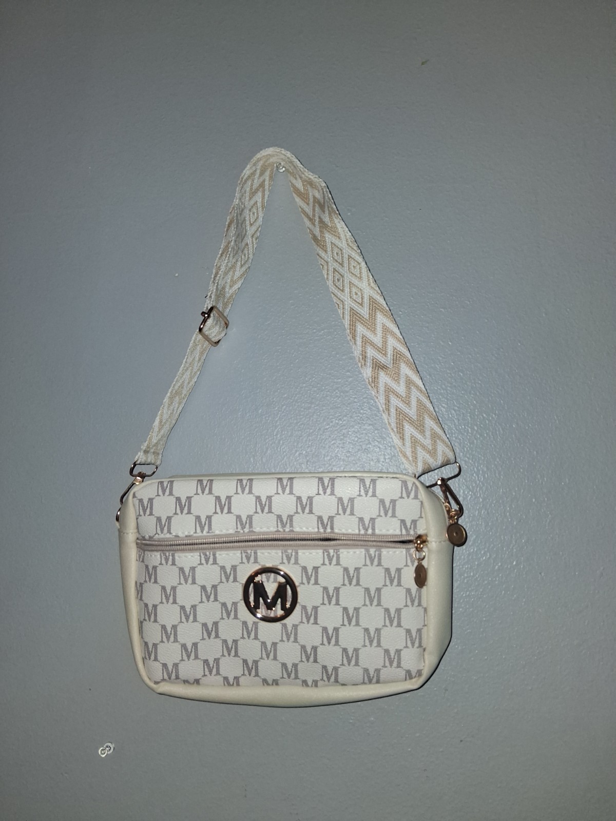 Beige Monogram Crossbody Shoulder Bag Zip Closure Adjustable Strap Gold