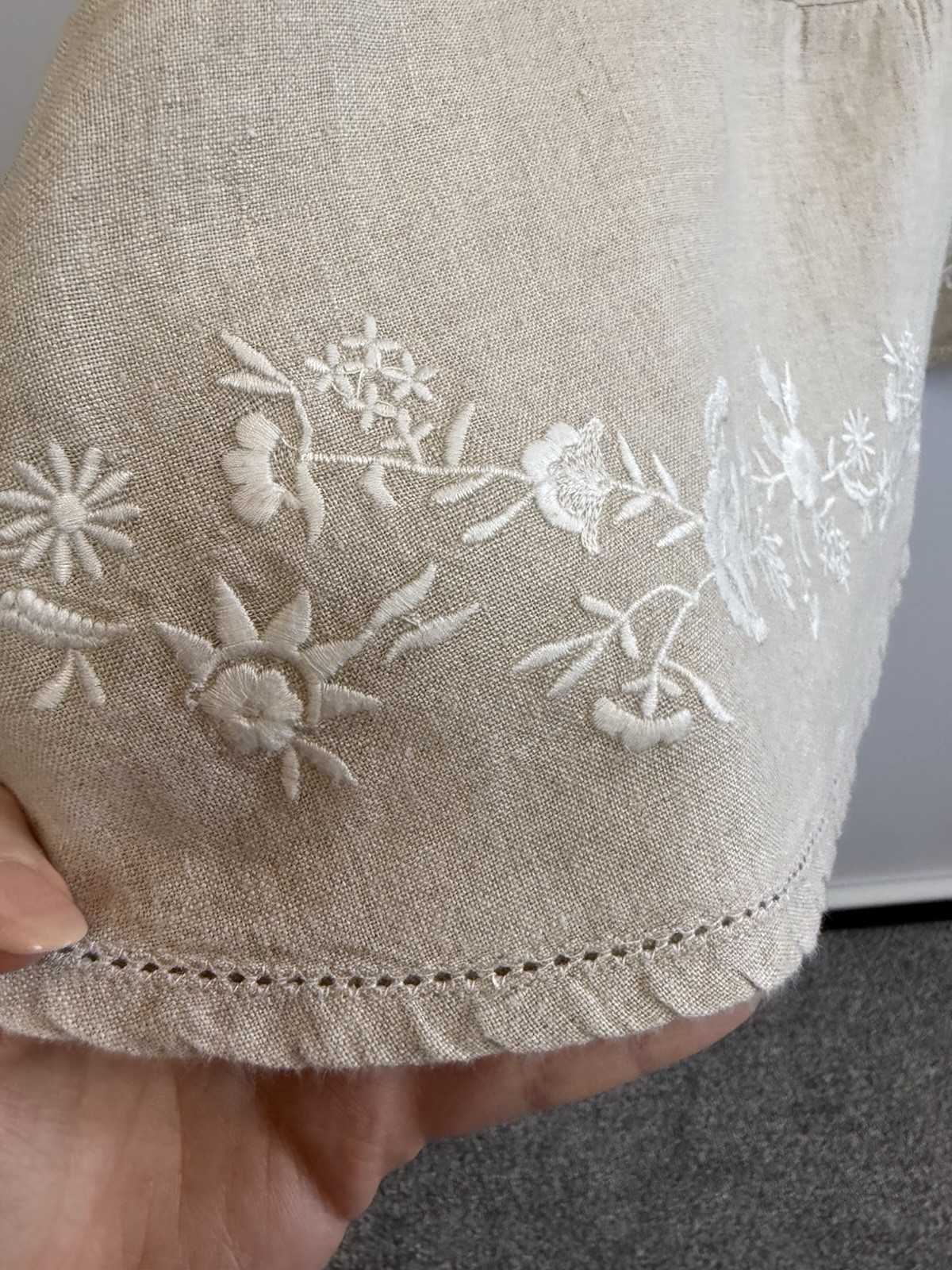Orvis 100% Linen Skirt UK 12 Beige Elasticated Waist Embroidered Hem Summer