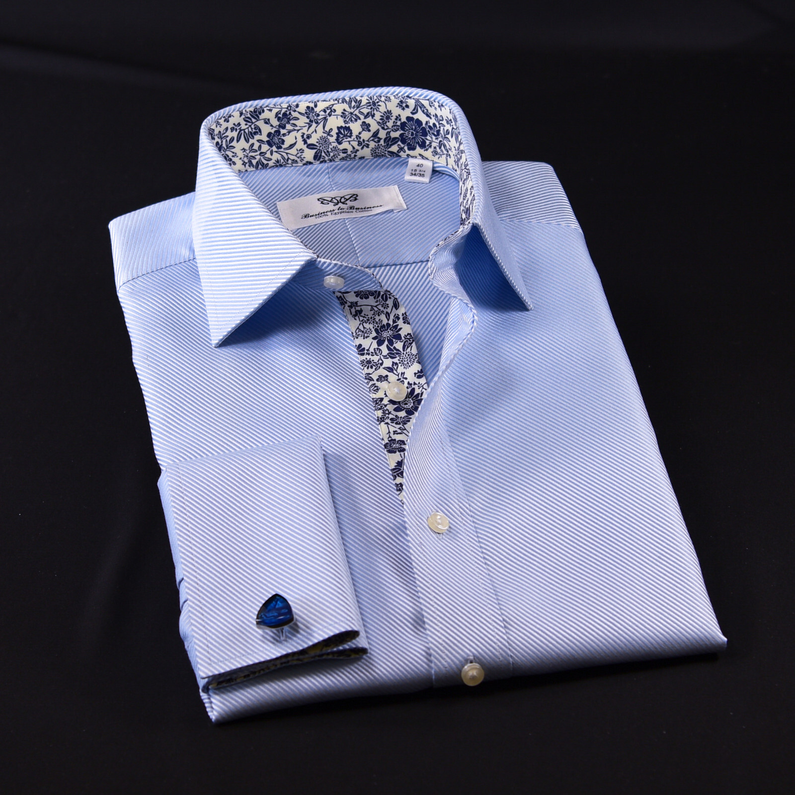 Elegant Blue Twill Double Ply 80’s Fine Wevon Formal Business Shirts Floral Inne