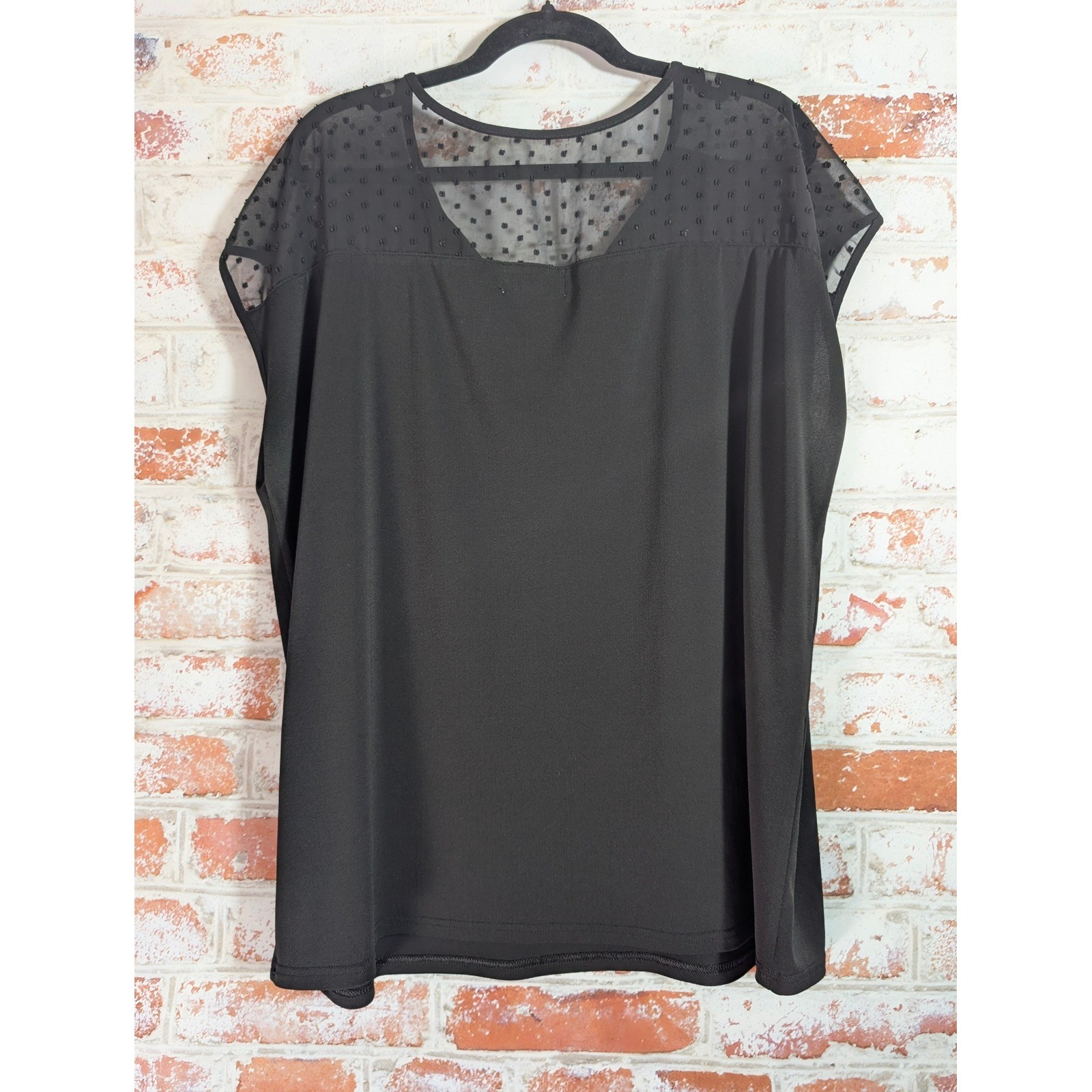 Nordstrom Rack Blouse Womens 2X Black Sheer Swiss Dot Mesh Yoke Tie Neck Top