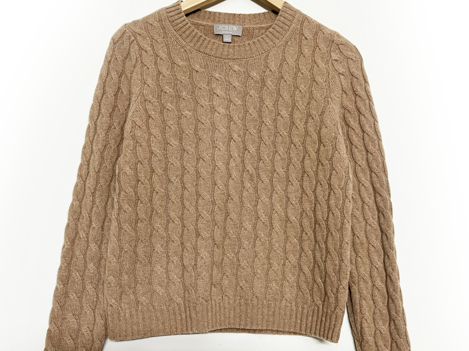 J.CREW •100% Cashmere Cable Crewneck Shrunken Sweater • Camel • XS