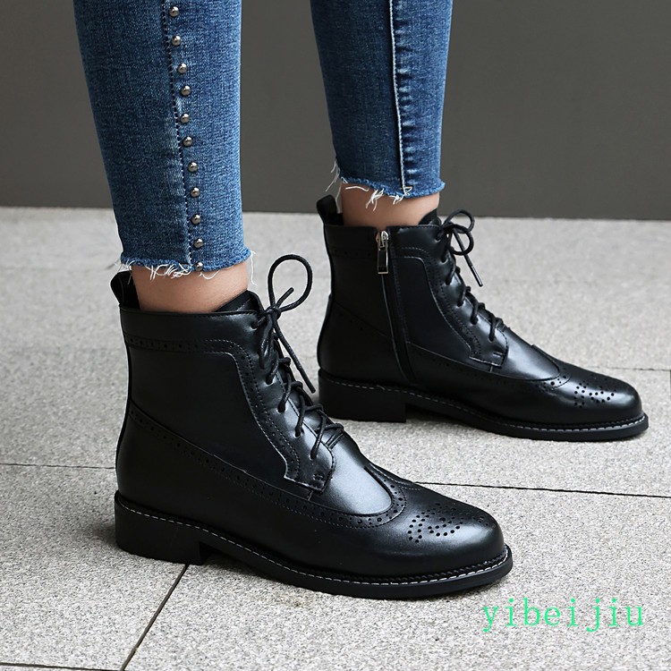 Women’s Wing Tip Brogue Ankle Boots Booties Low Heel Leather Shoes Casual Carved