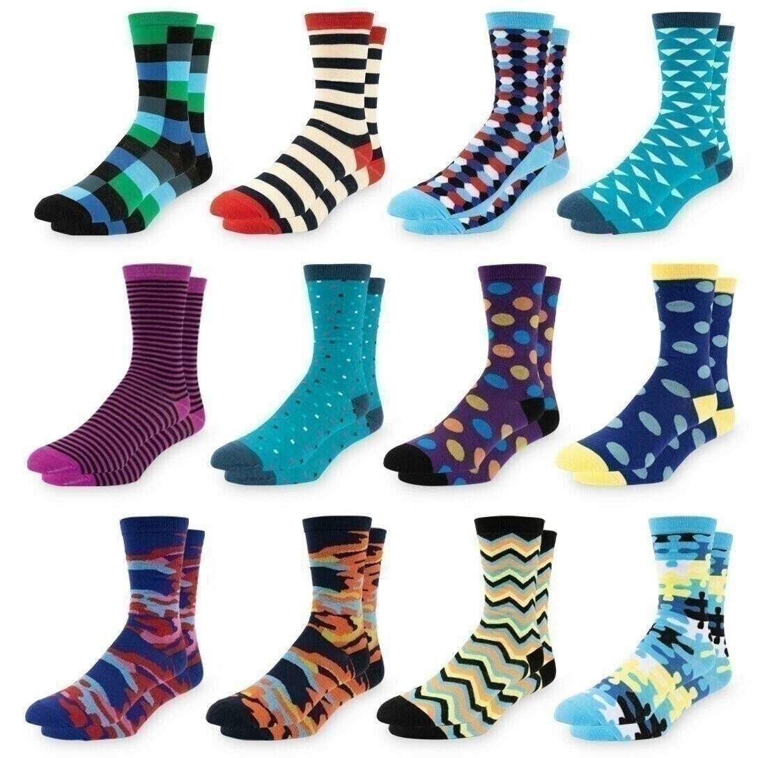 Men’s Dress Socks Size 10-13 Colorful Funky Patterned Crew Socks 12 Pairs