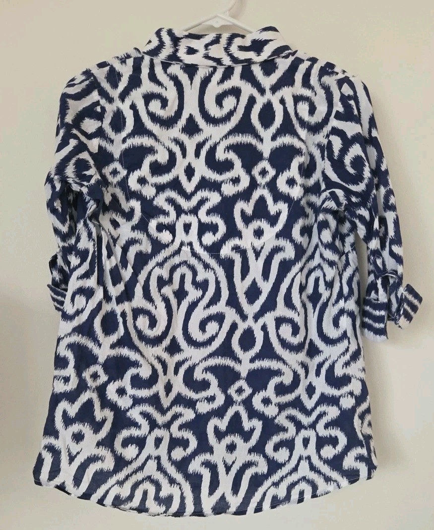 Gretchen Scott Blouse Blue White Swirl Button Up 3/4 Sleeve Size XS