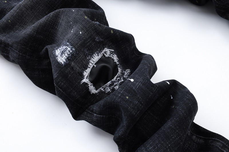 Men’s Punk Ripped PU Patch Slim fit Jeans Retro Classic High Quality Black Pants