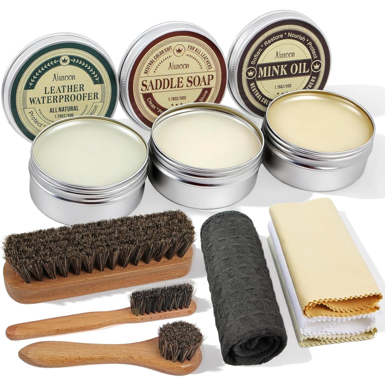 10Pcs Leather Care Kit- 3Pcs Horsehair Brushes, 1.76oz Saddle Soap, 1.76oz Mi…