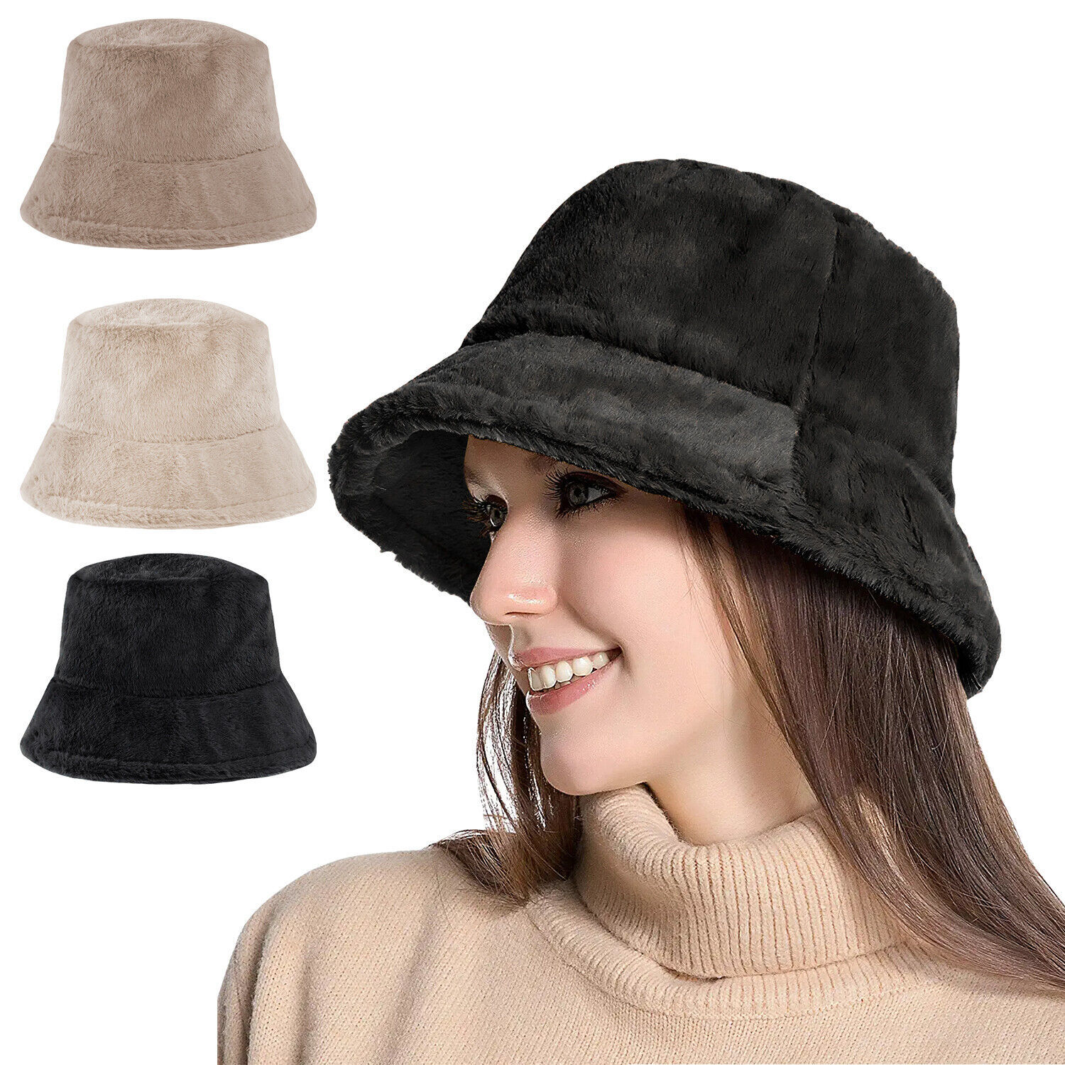 Women Faux Fur Bucket Hat Warm Fluffy Plush Bucket Hat Fisherman Cap Winter USA