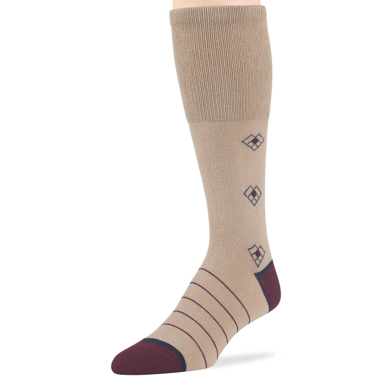 Men Diabetic Cotton Wide Mid-Calf Socks-5 Pack Large-Stripe Dot-Navy Beige Green