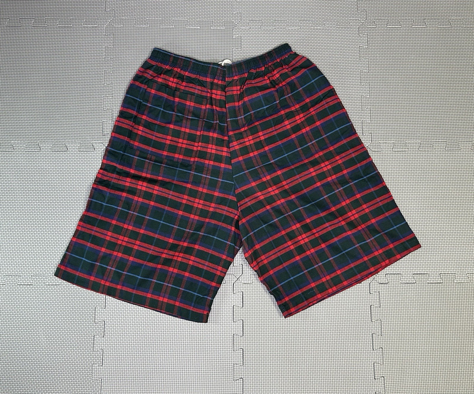 Vtg 80s 90s Plaid Shorts Drawstring Pockets Multicolor Cotton Polyester Made USA