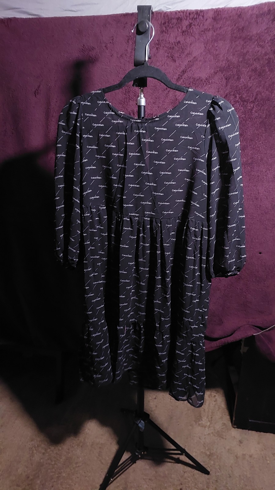 Calvin Klein Black/White Logo Print Babydoll Short Dress 3/4 Puff Sleeve L