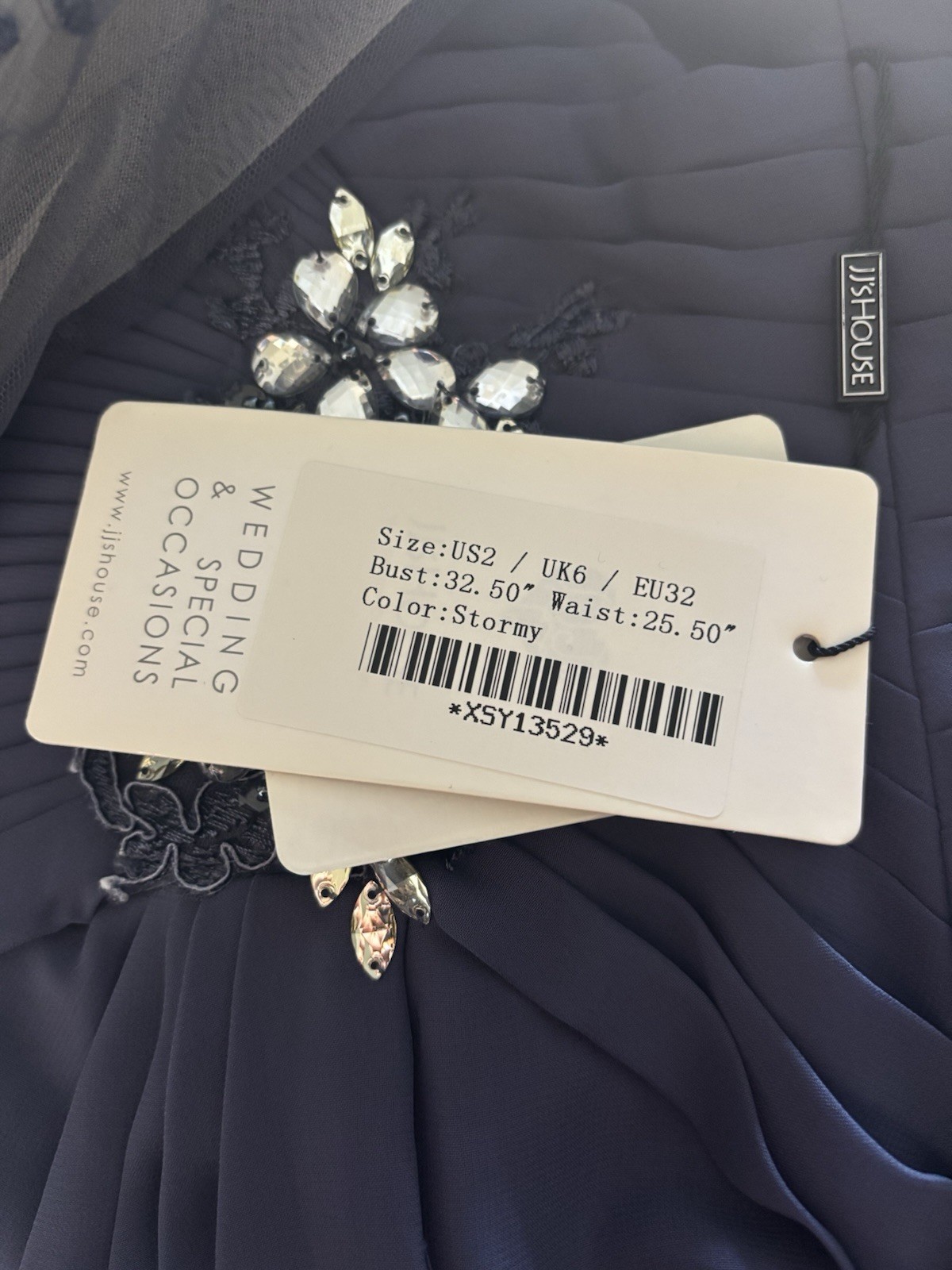 JJ’s House Stormy Chiffon Lace Beaded A-Line Knee Length Dress, US 2