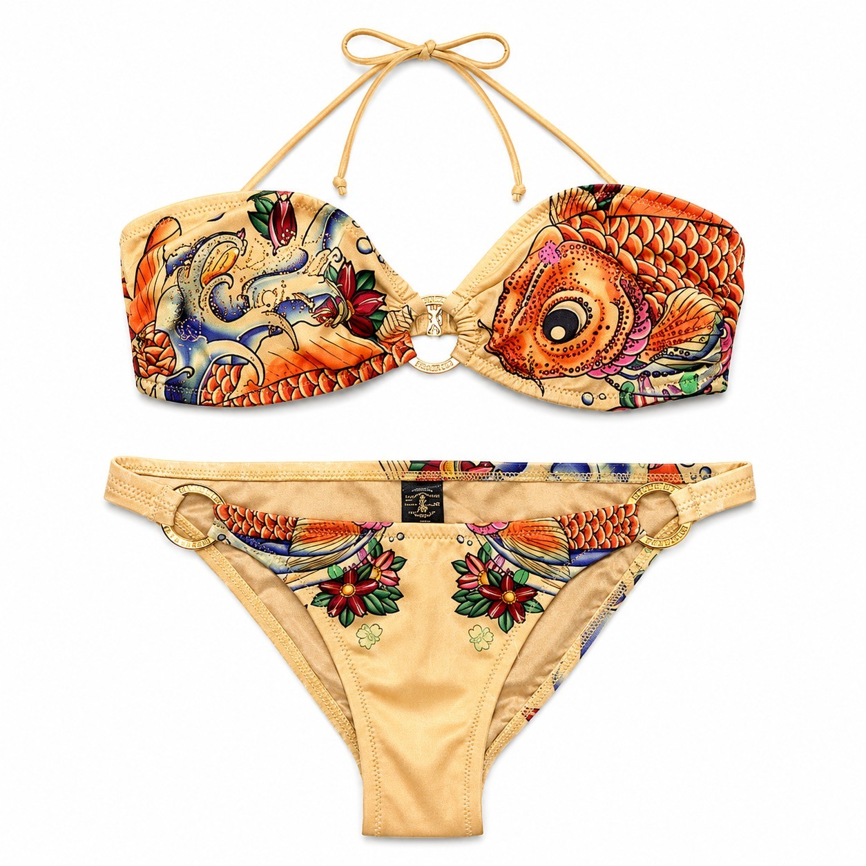 Rare Christian Audigier Bikini Set Orange Koi Fish Grunge Ed Hardy Rhinestones M