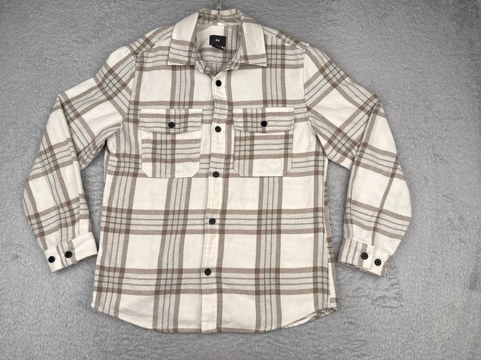 H&M Shirt Men Medium Beige White Plaid Flannel Poly Wool Blend Button Up Pockets