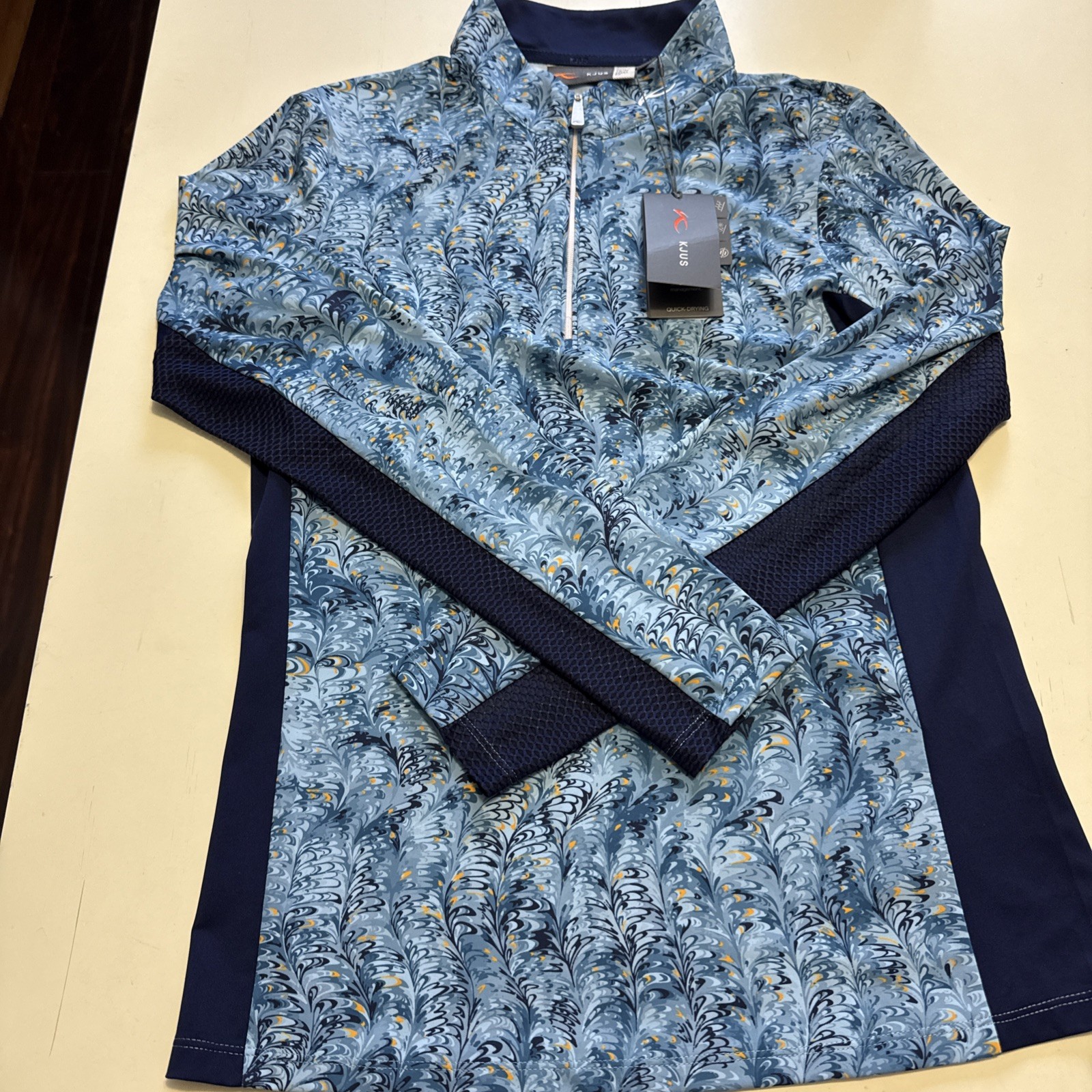 KJUS SUNSHINE TRANQUIL BLUE BURST 1/4 ZIP LONG SLEEVE MOCK TOP WOMENS M GOLF NEW