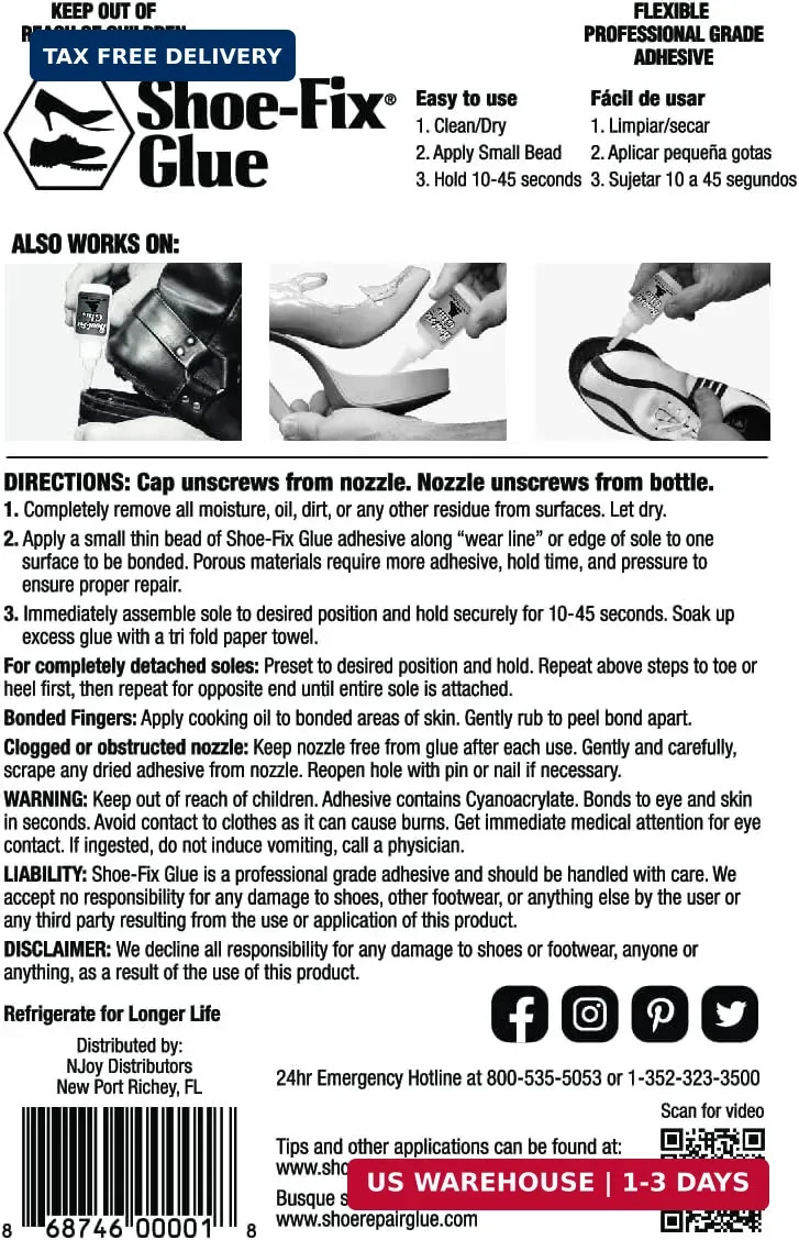 Shoe-Fix Glue Professional Grade Repair Adhesive for All Footwear Instant Bond,