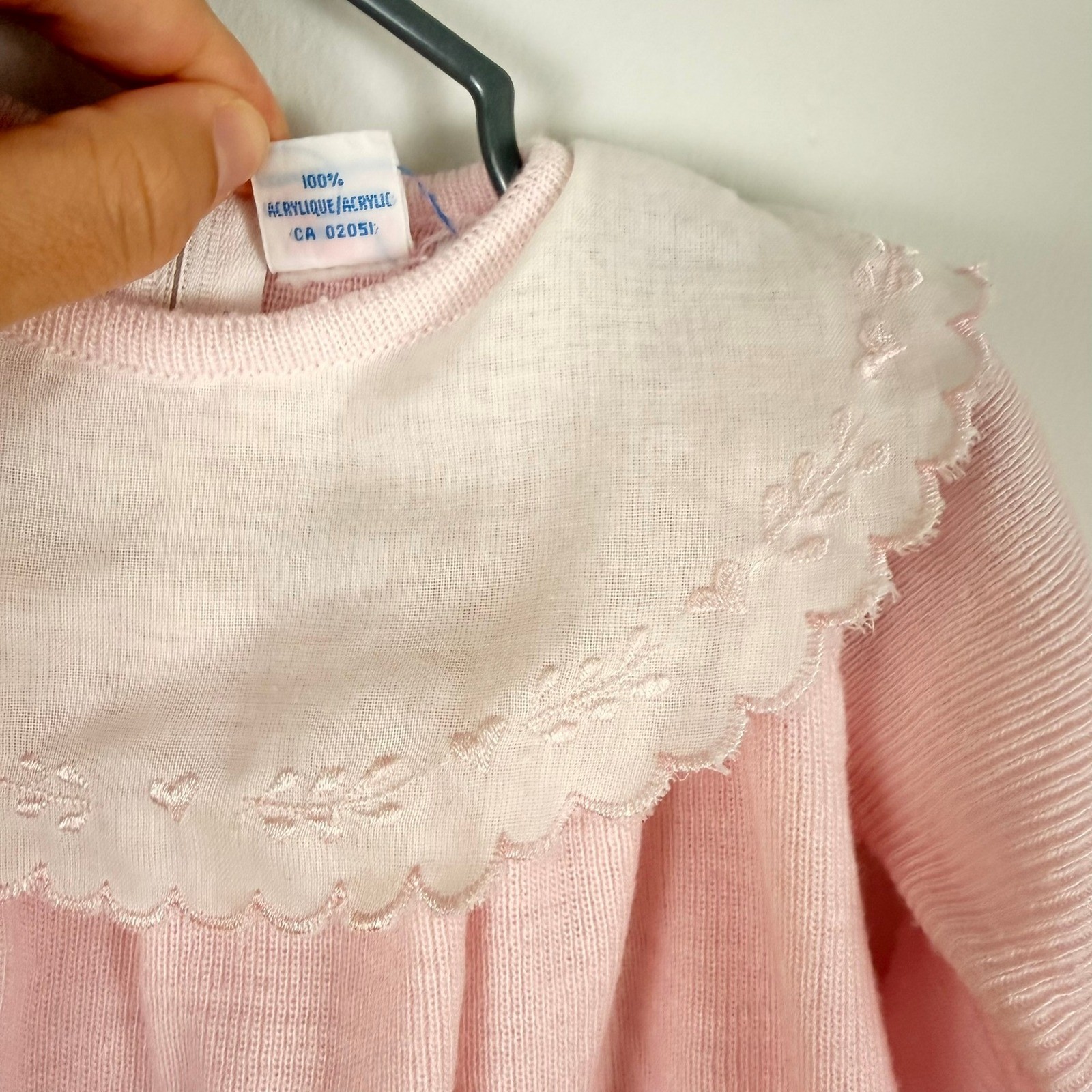 Vintage Bebe Kids Pink Knit Dress Embroidered Peter Pan Collar Long Sleeve 14in