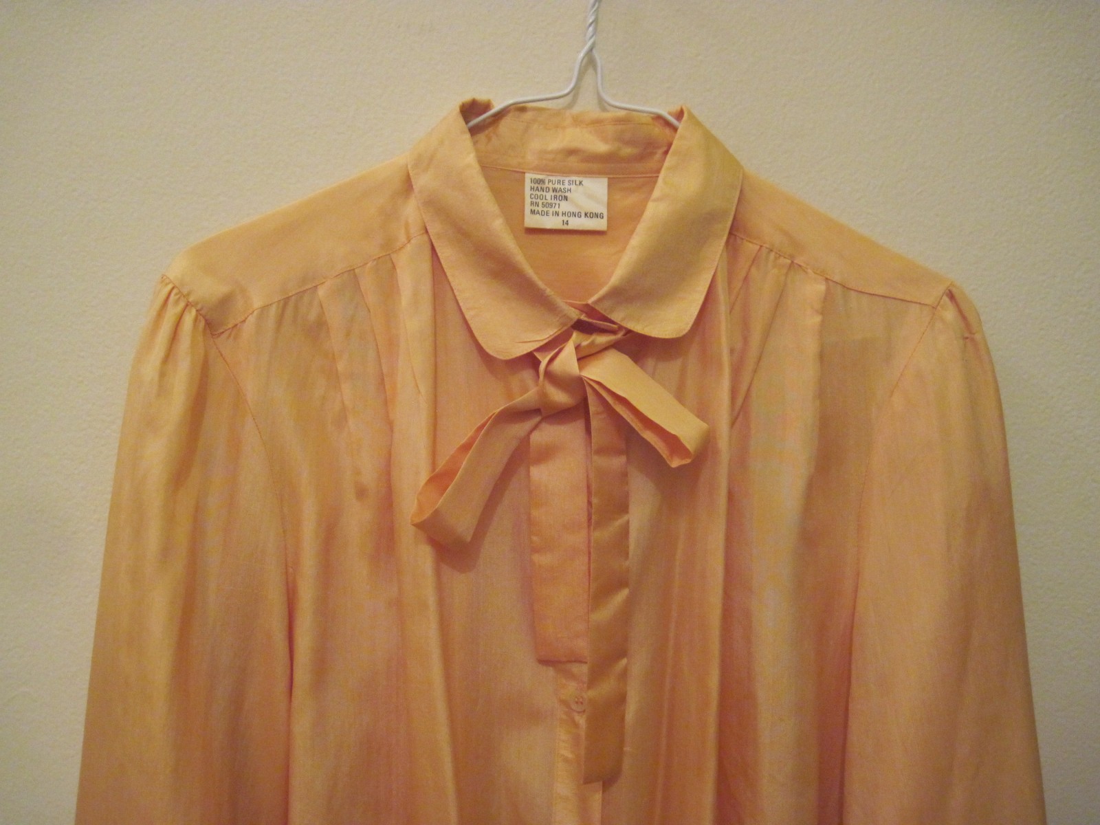 Silk long-sleeve button-down shirt/blouse apricot-ish M/L Peter Pan collar