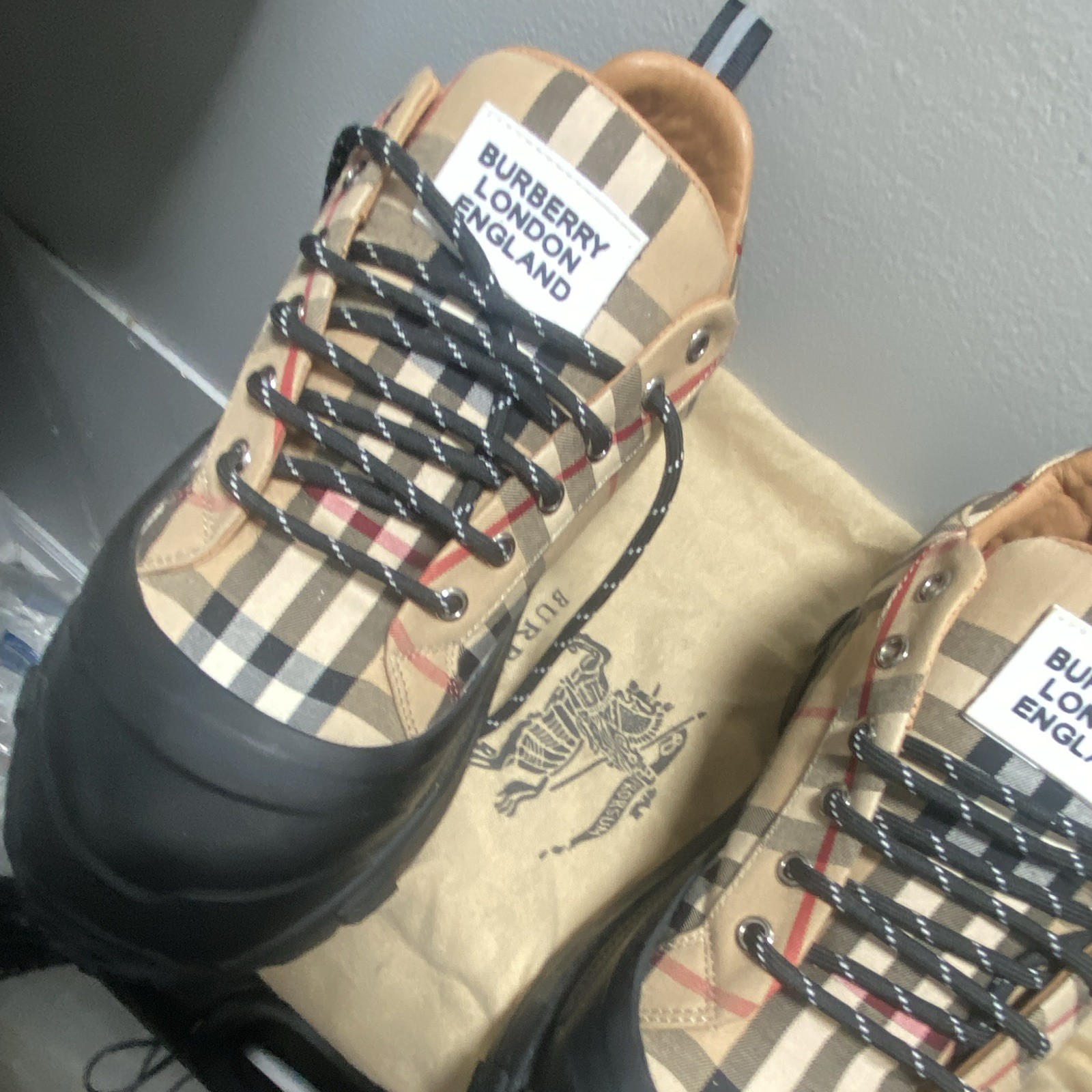 Burberry Men’s Beige/Black Check Suede Lace-Up Sneakers US 10 Round Toe