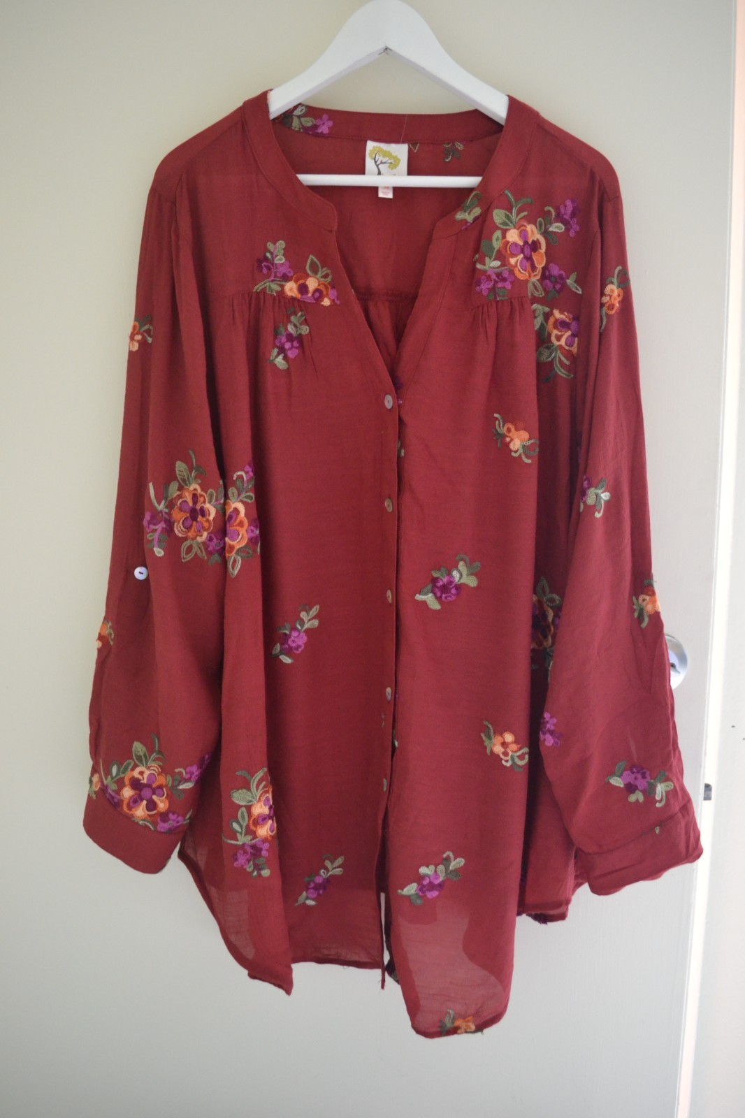 NWT Fig and Flower Blouse Top Shirt Silky Burgundy Rayon Blend Plus Size 2X