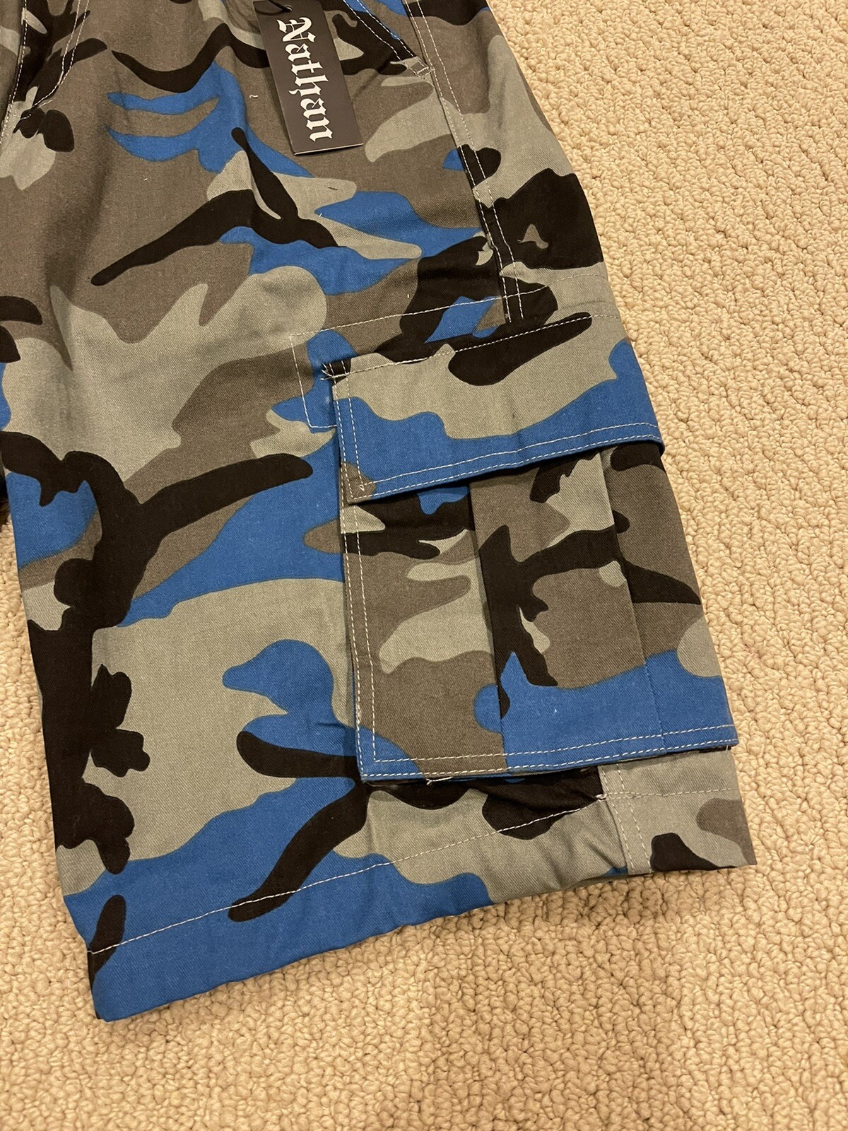NWT Men’s Nathan Blue Grey Camouflage Camo Belted Cargo Pocket Shorts ALL SIZES