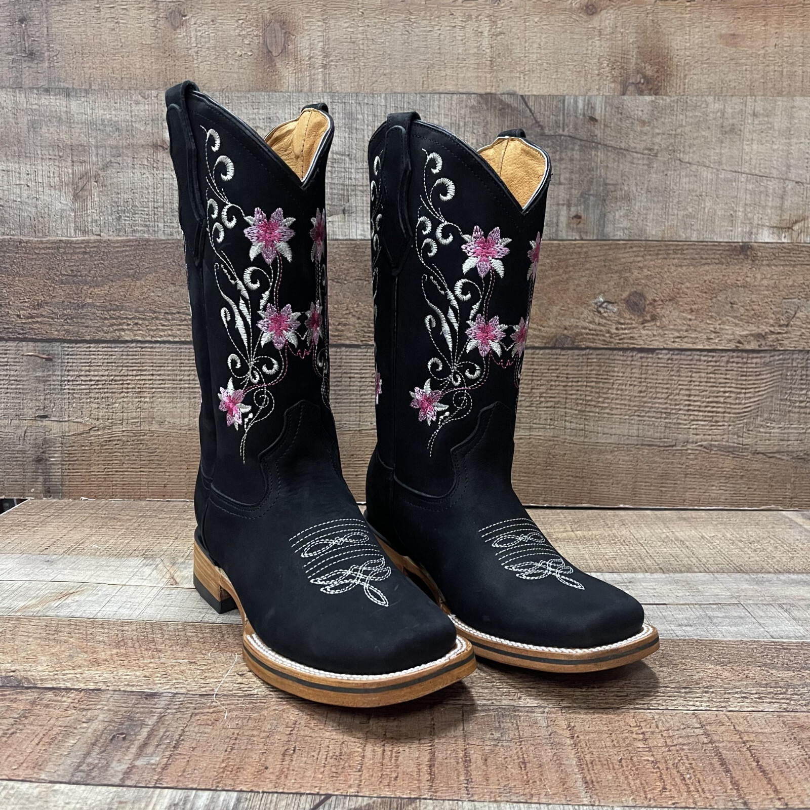Women’s Western Rodeo Square Toe Cowgirl Boots Pink Flowers Nobuck Flor Rosa 804