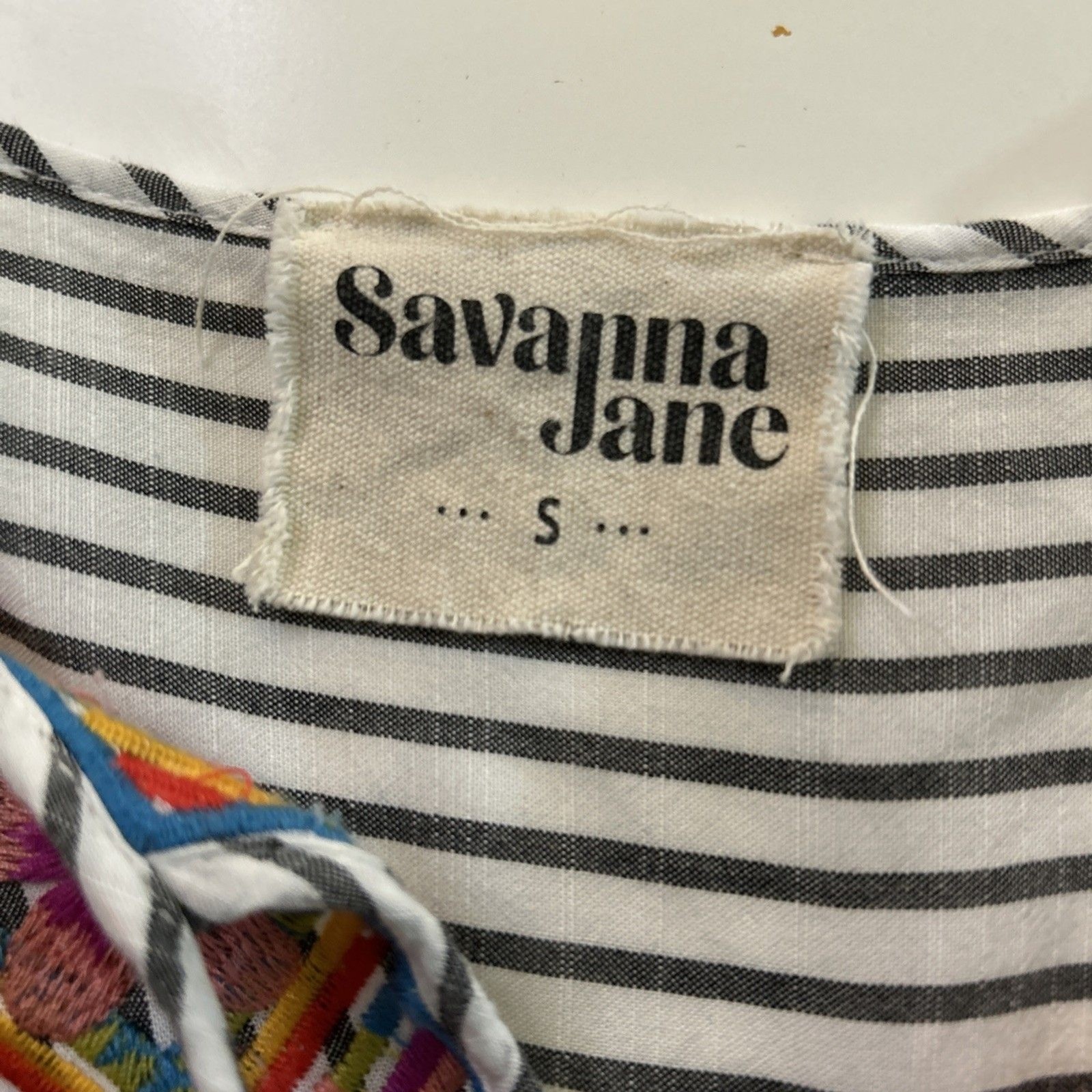 Savanna Jane Blouse Womens Small Embroidered Flowers Striped Boho Top Flaw