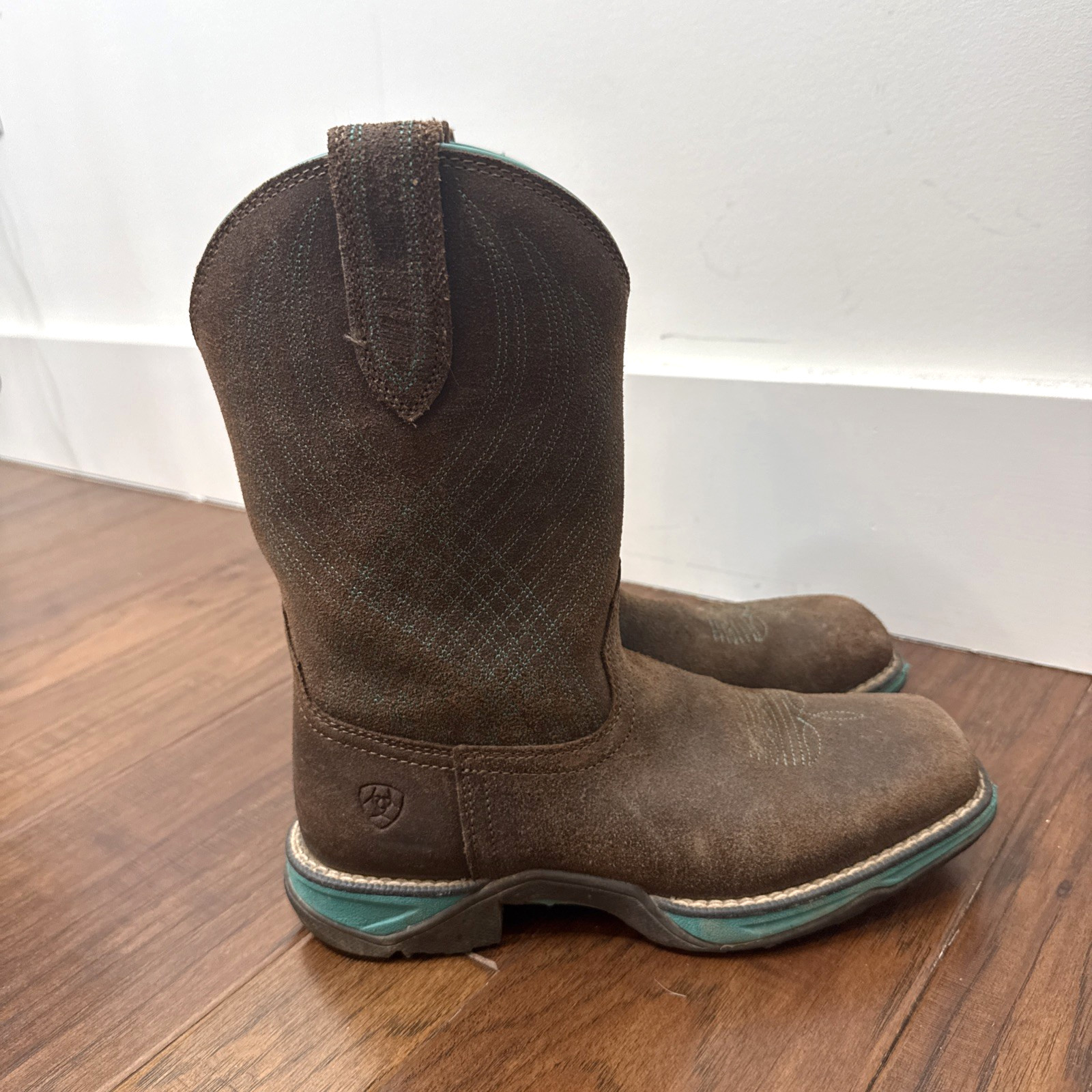 Ariat Suede Leather Square Toe Cowboy Boots Anthem Turquoise Mid Calf Womens 6.5