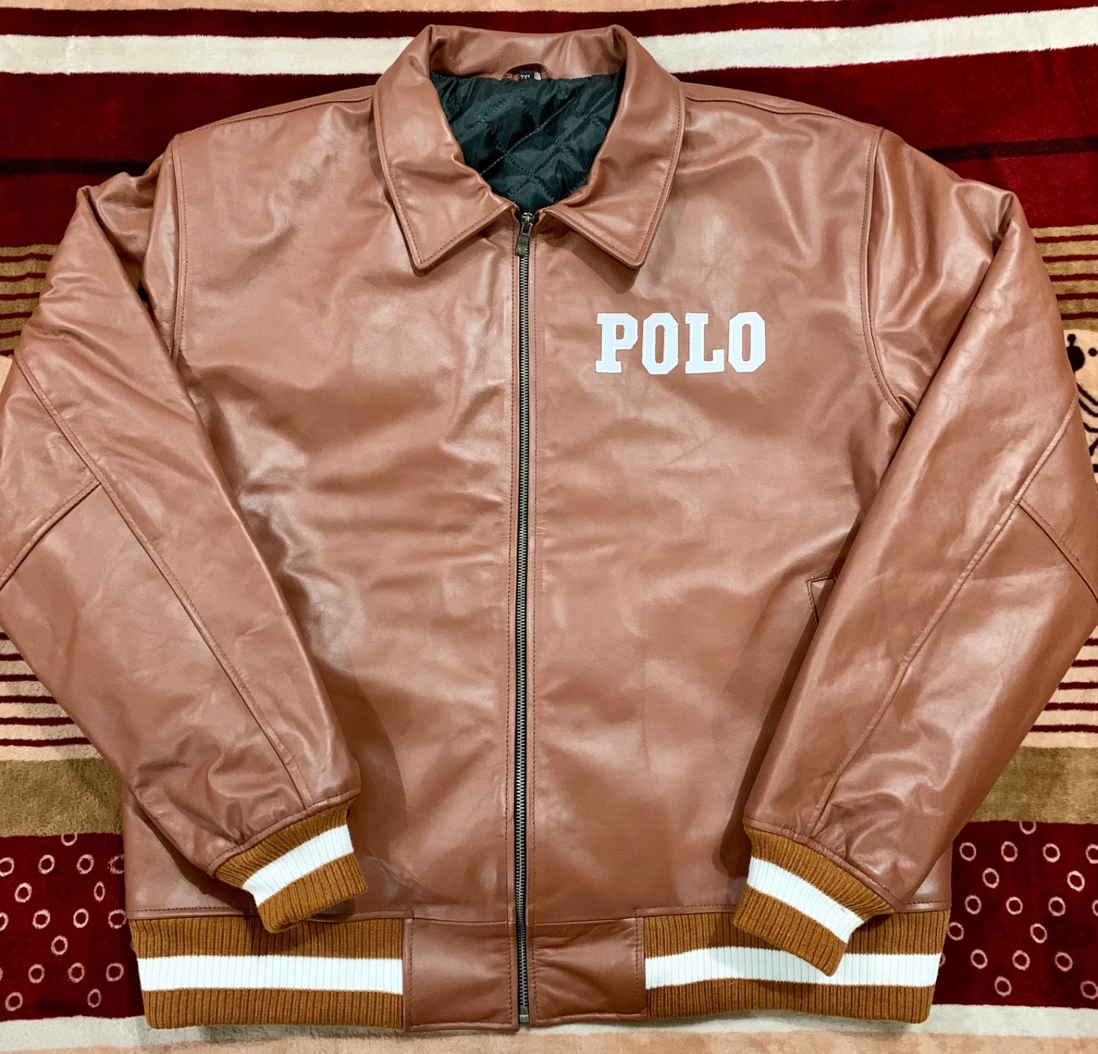 Men’s Brown Leather Bomber Jacket Zip Up Rib Knit Casual Coat.