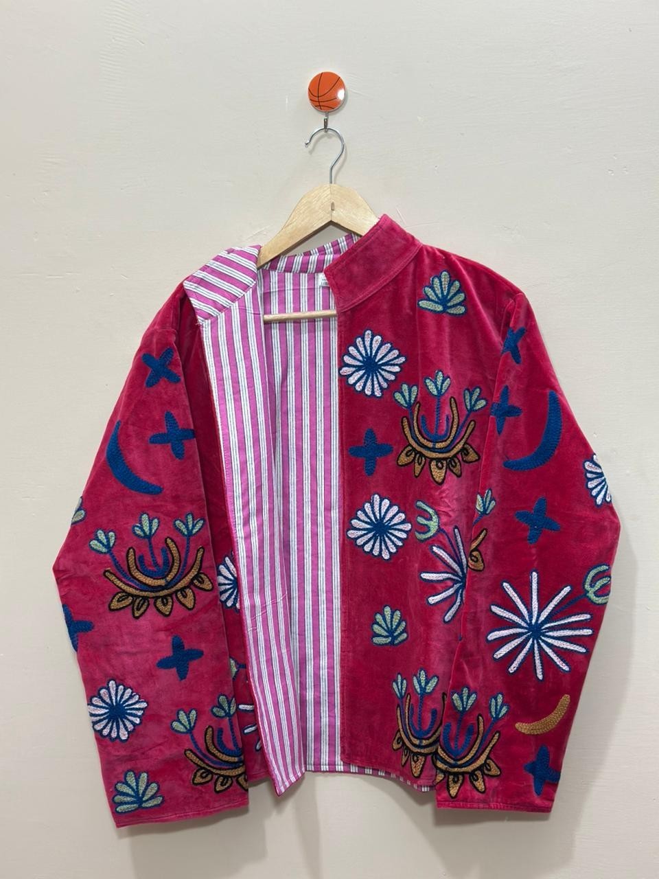 Pink Floral Velvet Suzani Jacket Handmade Embroidered Festival Fashionable Coat