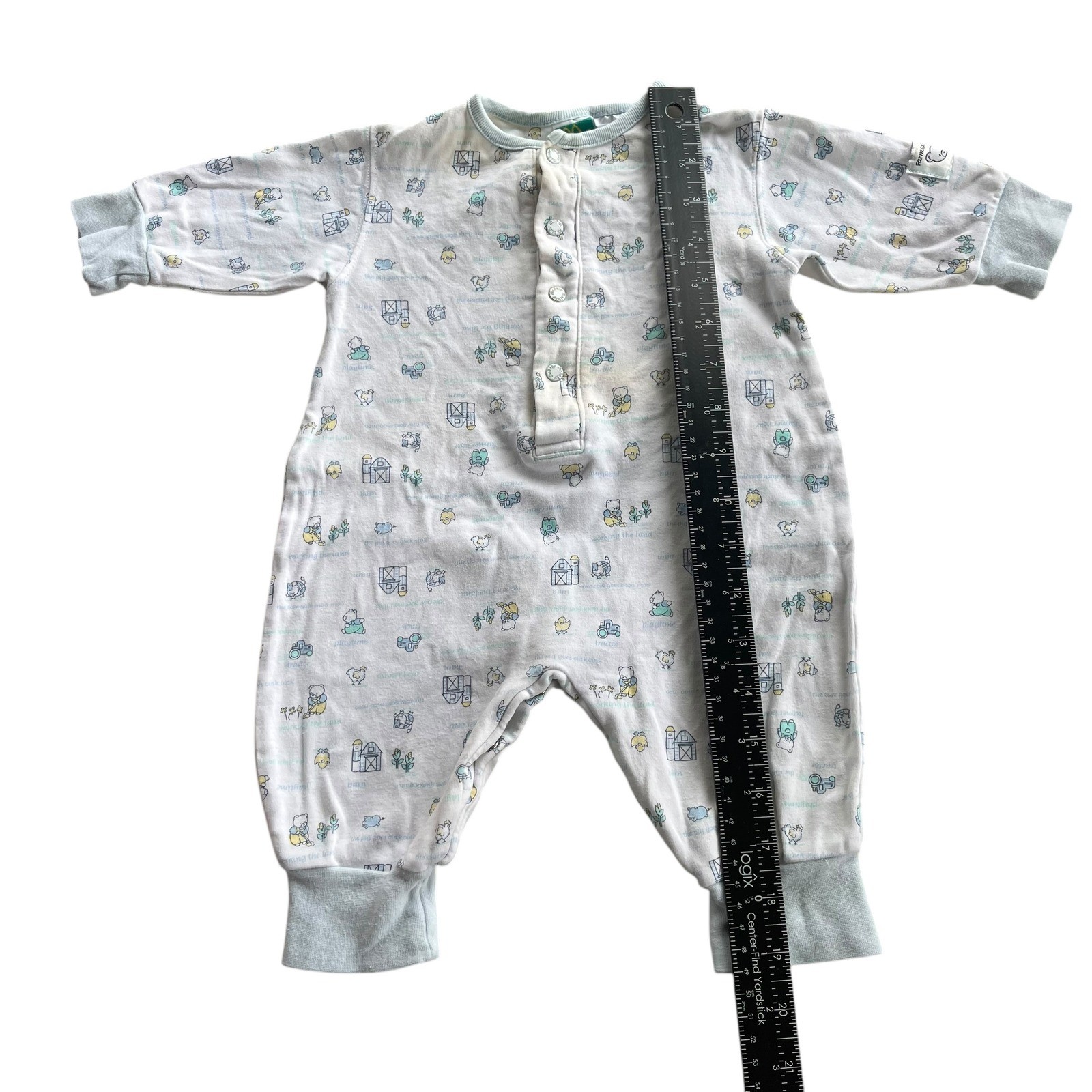 McBaby 6-9 M White Blue Farmer Bear Animal Tractor Print Romper Jumpsuit Vintage