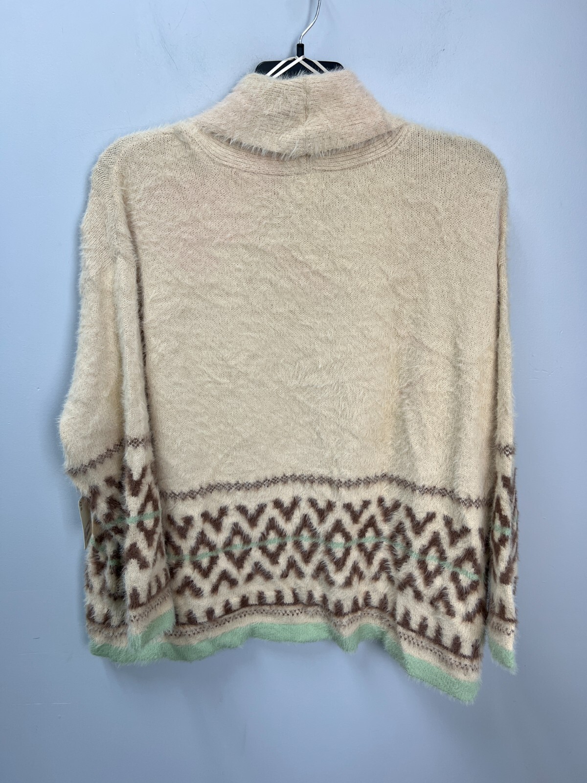 a.n.a. Beige Geometric Print Fuzzy Open Cardigan Women’s Size 1X w/ Lapels