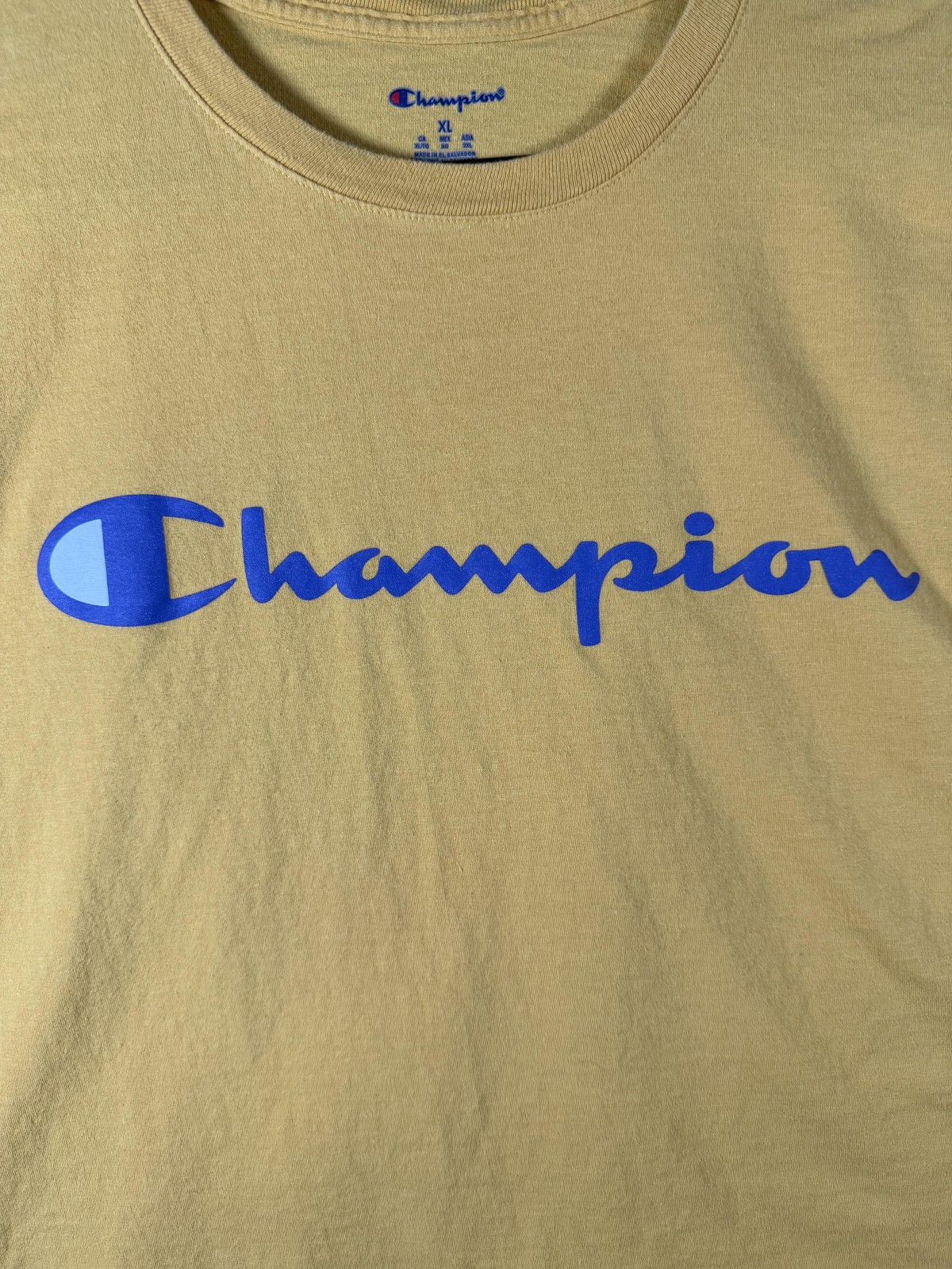 Champion Shirt Mens XL Yellow Big Logo Graphic Tee Short Sleeve Crew Neck