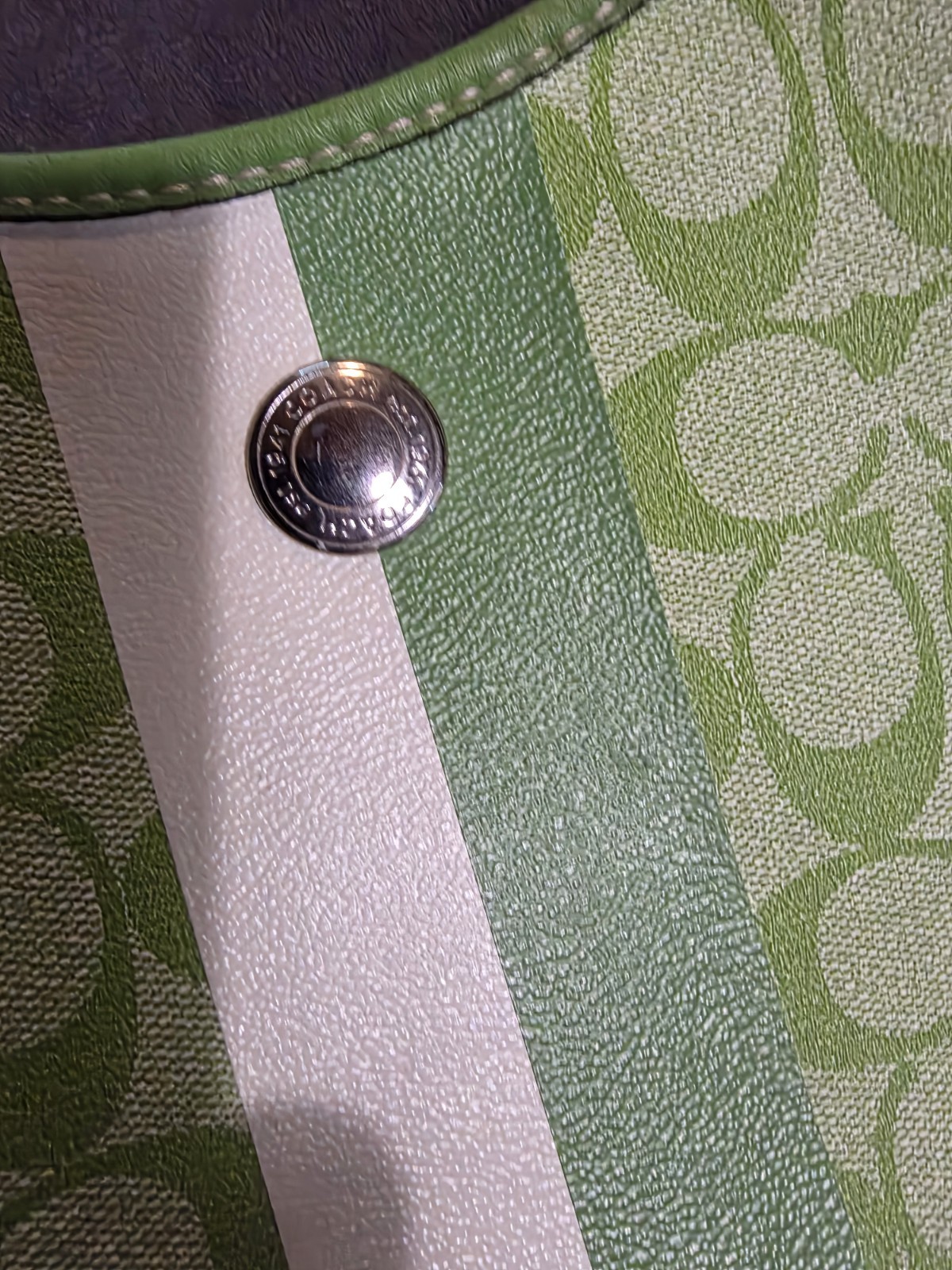 Vintage Coach Heritage Stripe hobo bag in a lime green & white signature canvas
