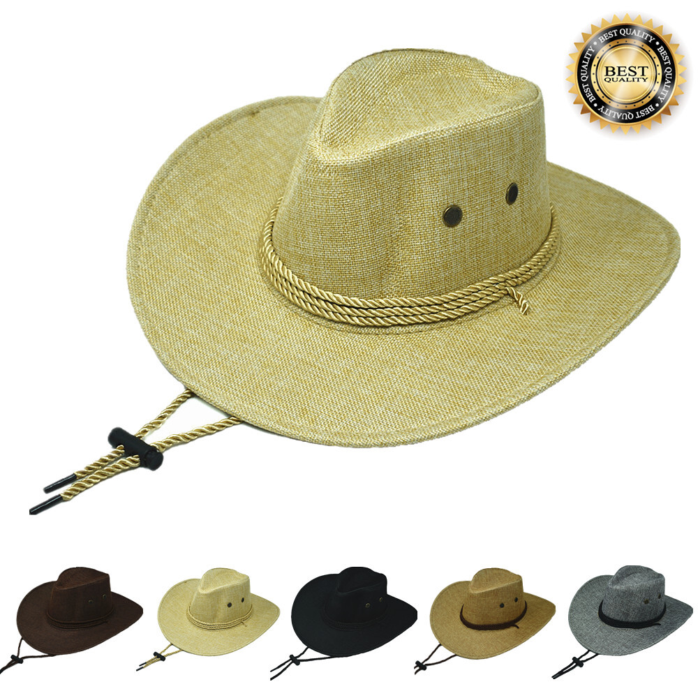 Summer Sun Bucket Cap Western Cowboy Hat Fedora Linen Solid Straw Wide Brim